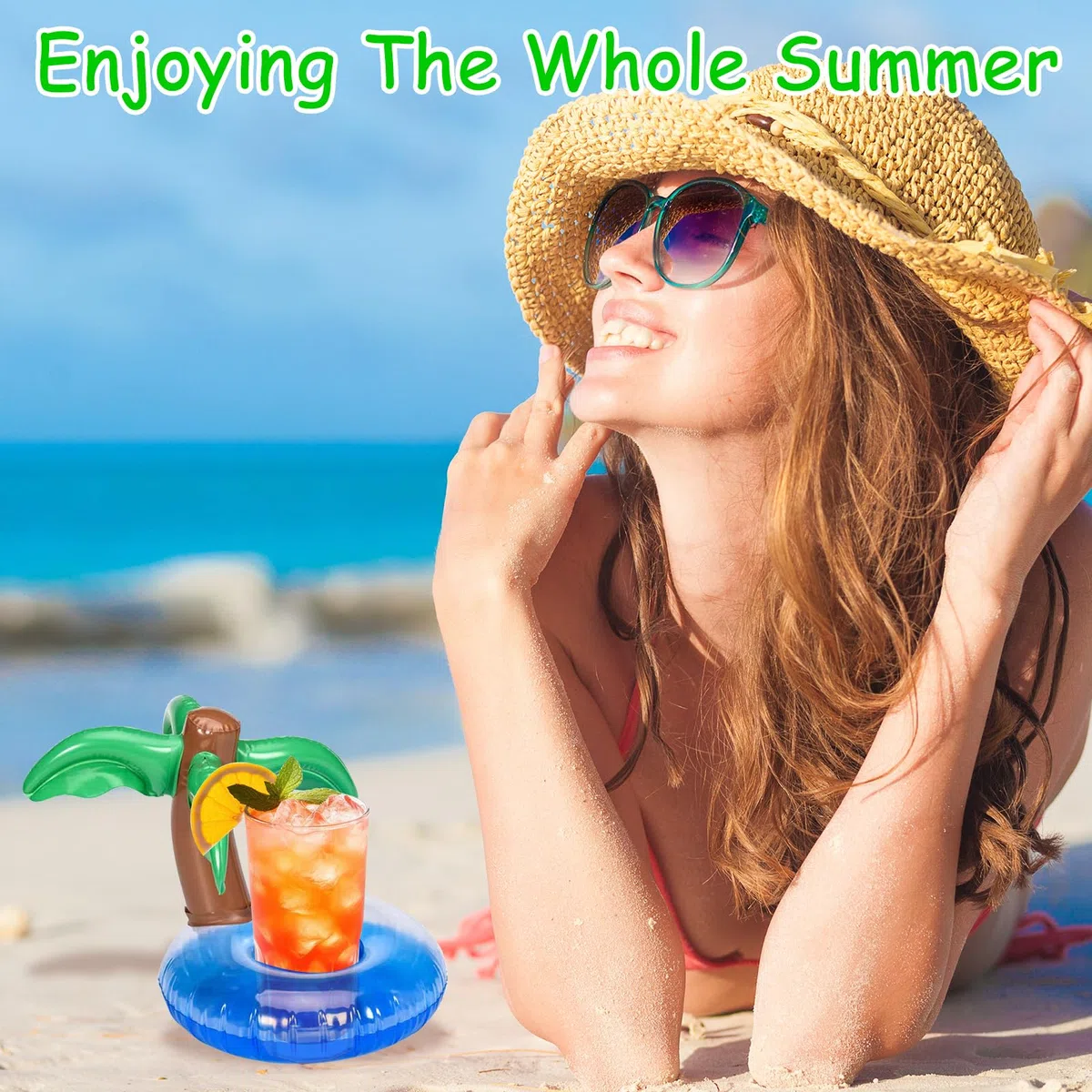 9 soportes inflables para bebidas, mini palmera de flamenco, soporte para botellas inflable con bomba de aire, para salas de verano y piscinas al aire libre y playas