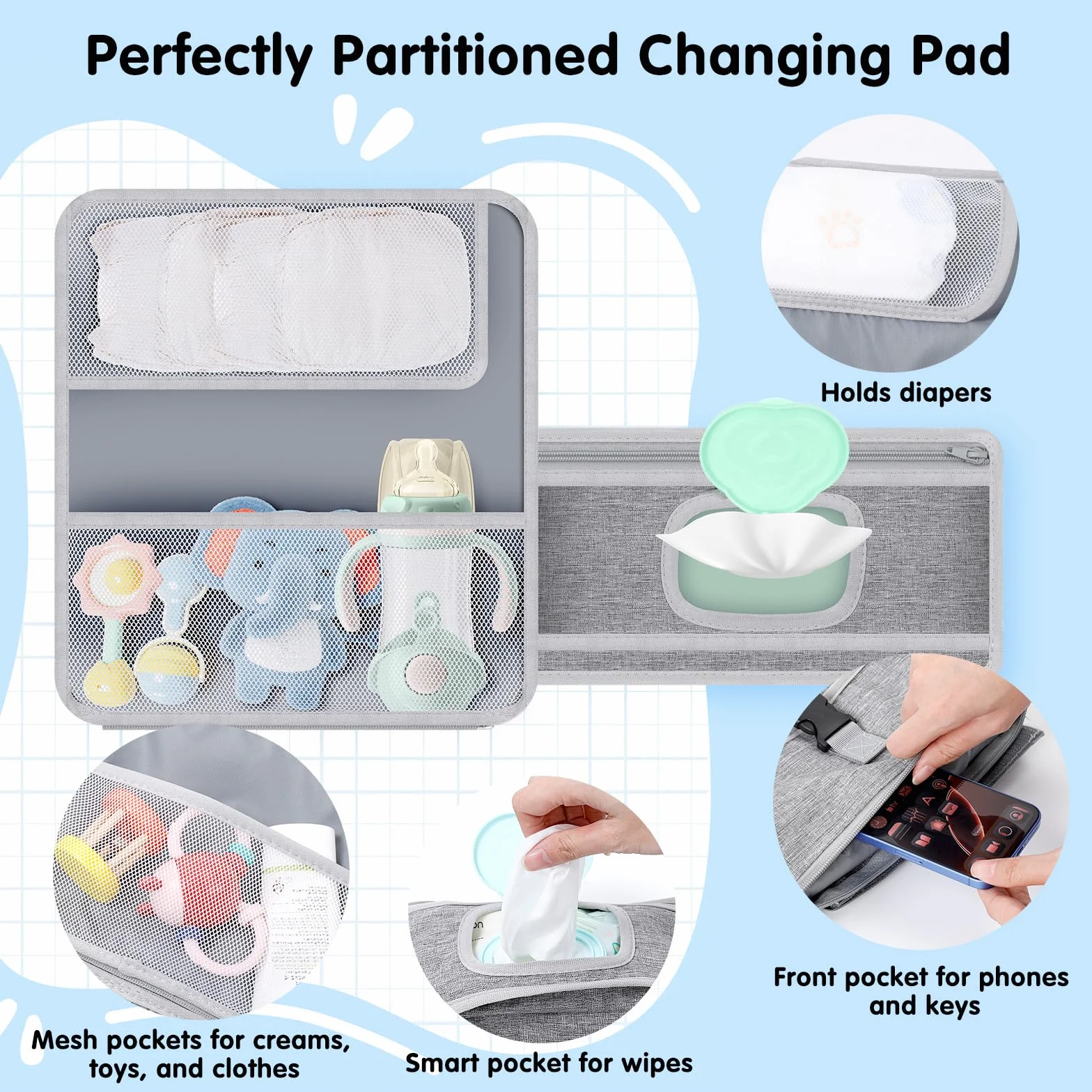 Romon cambiador portátil colchones plegables y desmontable mantas bolso con 5 bolsillos cambiador impermeable reutilizable diaper mat accesorios para cuidado gris
