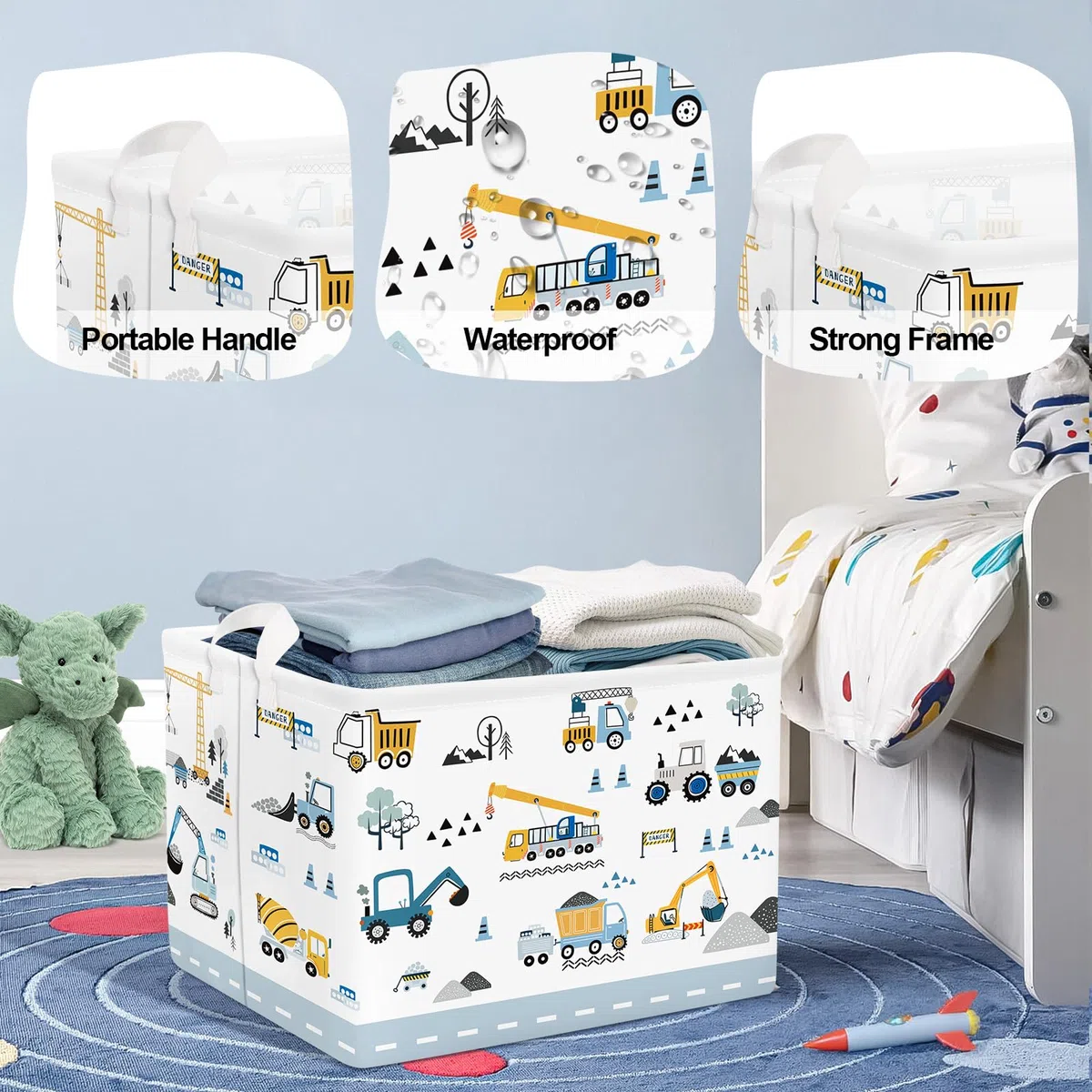 Grande Cesta Ropa Sucia Coches de Dibujos Animados Plegable Cestos Almacenaje Ropa Juguetes para Padres,Grúa,36L