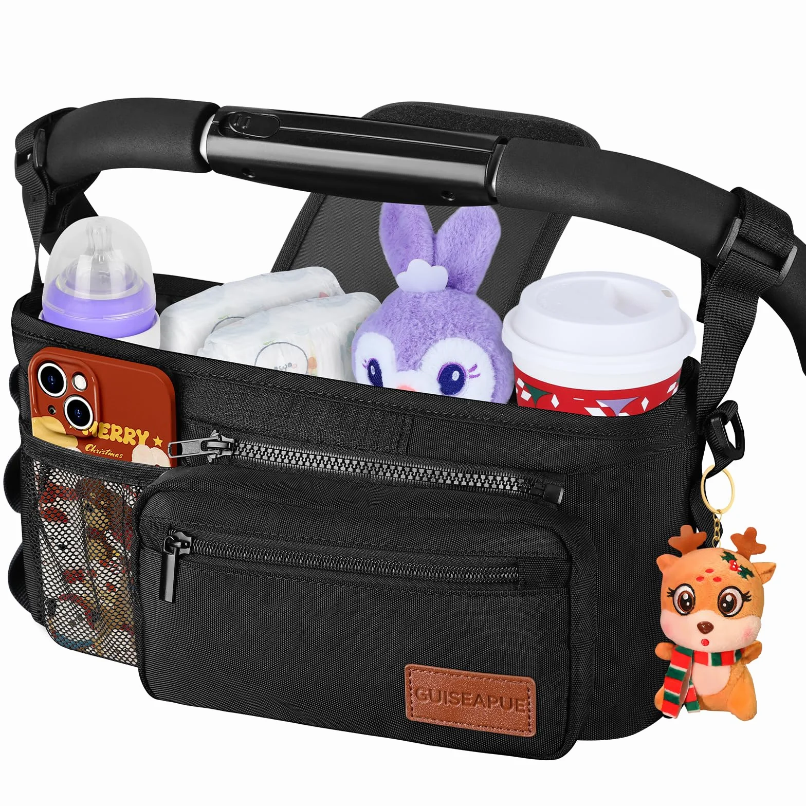 Guiseapue Organizador universal para carriola con soporte para tazas: artículos esenciales para bebé, accesorios para carriola con bolsa de teléfono desmontable, correas antideslizantes, se adapta a