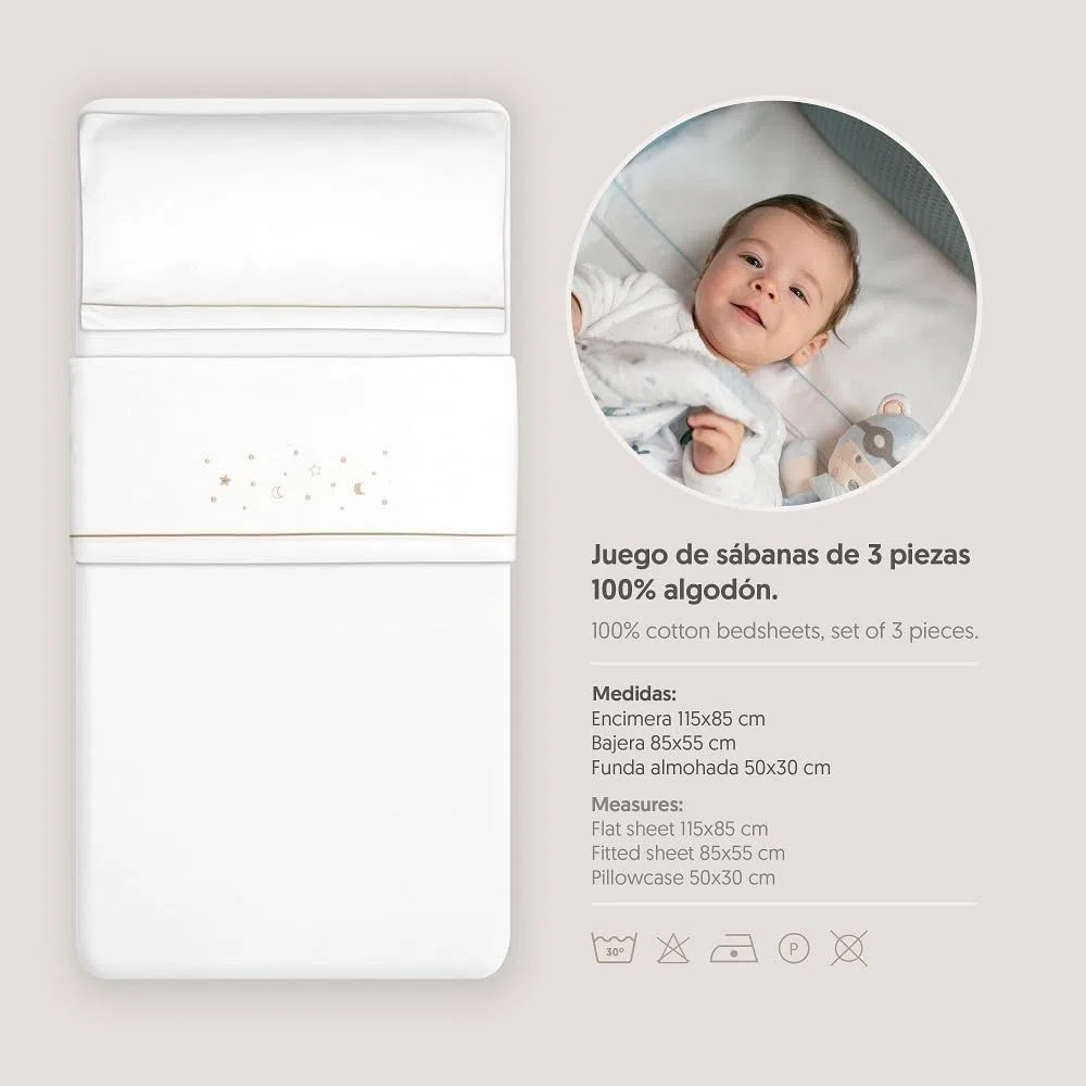 Interbaby - Juego Sabanas Minicuna 50x80 Algodón 100% | Sabana Cuna Bebe Franela, Cálida | Incluye Sabana Bajera, Encimera y Funda de Almohada | Ideal Invierno | Estrellas Luna Blanco/Beige