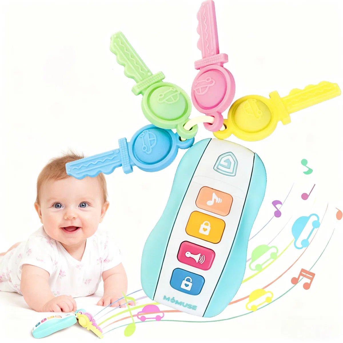 MOMUSE Juguete la Dentición con 4 Llaves de Coche, Mordedor Bebe para 10 Meses, Llaves de Silicona, Juguete Musical, Cumpleaños para Bebés de 12 16 18 Meses
