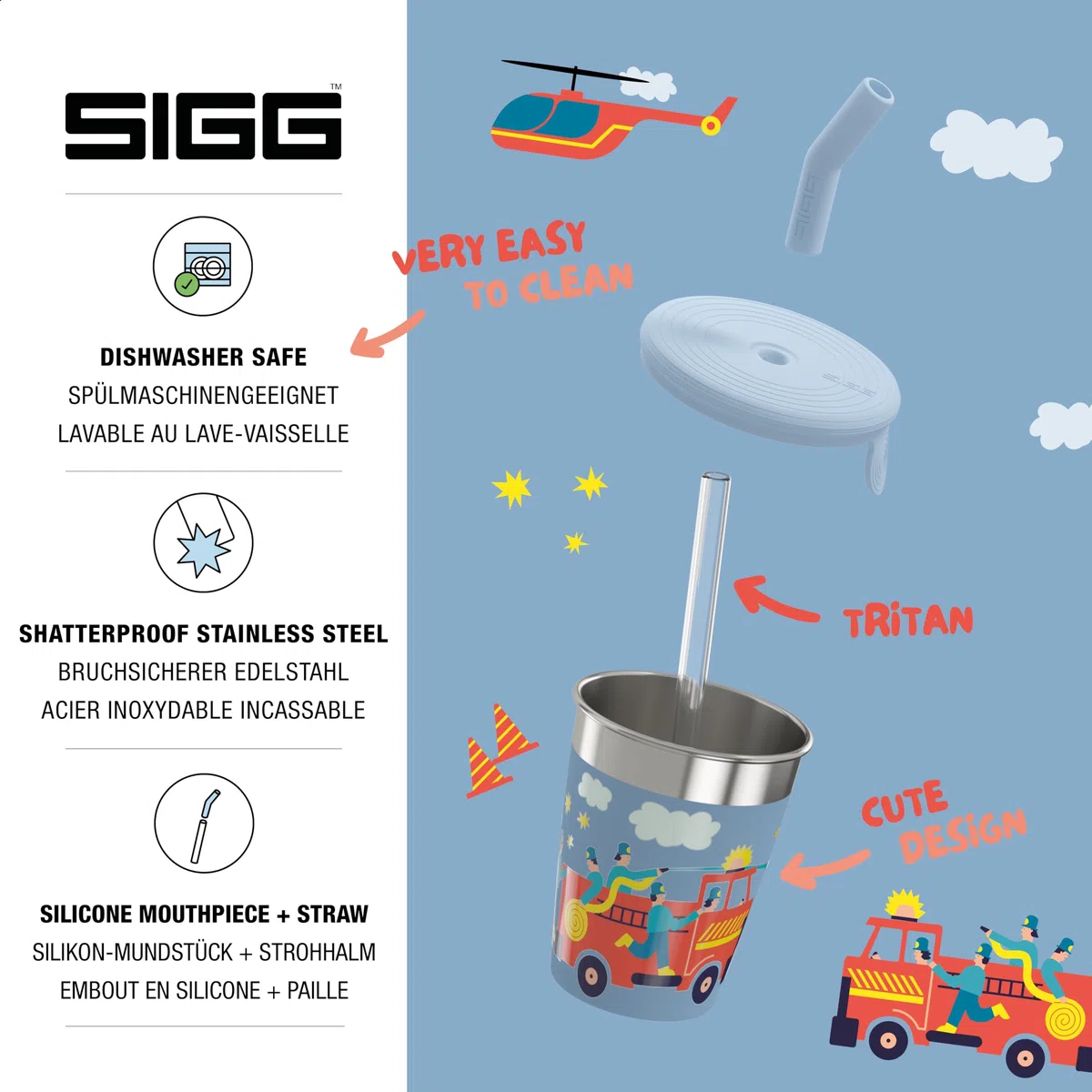 SIGG - Vaso infantil de acero inoxidable con tapa de silicona y pajita de Tritán - A prueba de salpicaduras - Sin BPA - Ligero y robusto