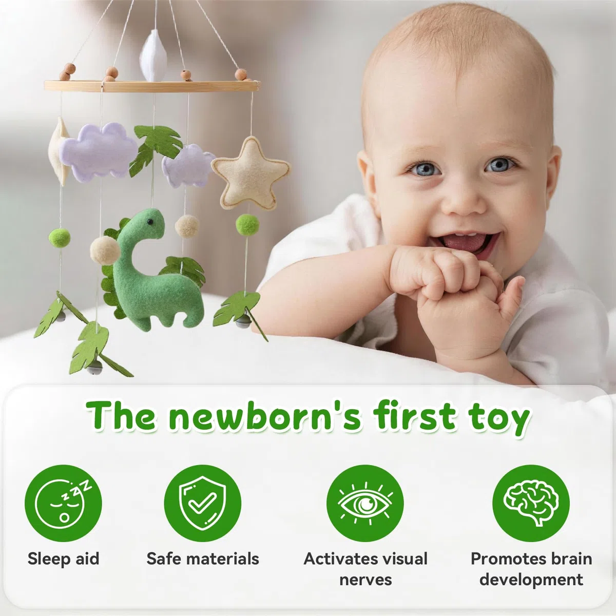 Móvil de Madera para Bebé Dinosaurio, 3D Carillón de Viento Móvil para Bebé con Bolas de Fieltro, Mobile Bebe con Estrellas, Decoración para Cuna, Nubes y Hojas Regalo para Niña Niño, Verde
