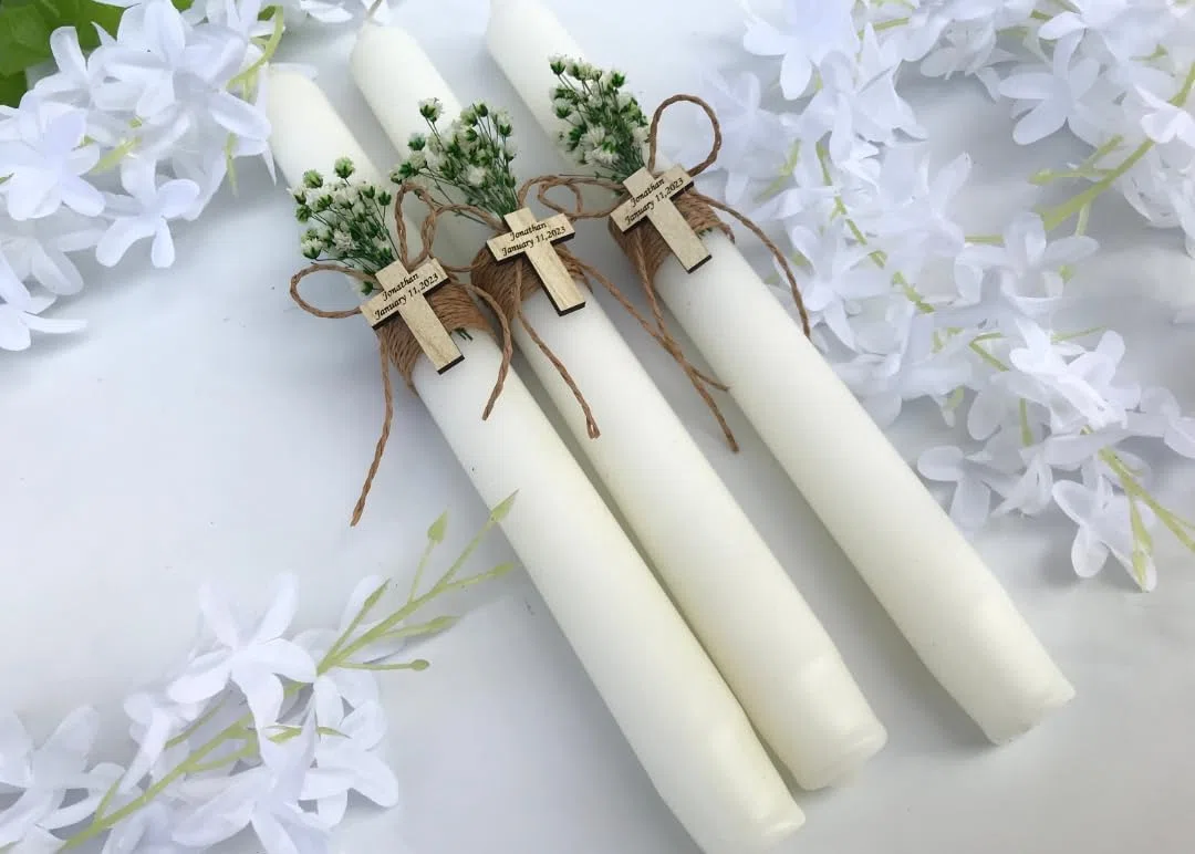 Vela de Bautizo y Primera Comunión, Juego de 3 Velas, Vela de Bautizo Personalizada, Vela de Ceremonia de Comunión, Lámparas Griegas