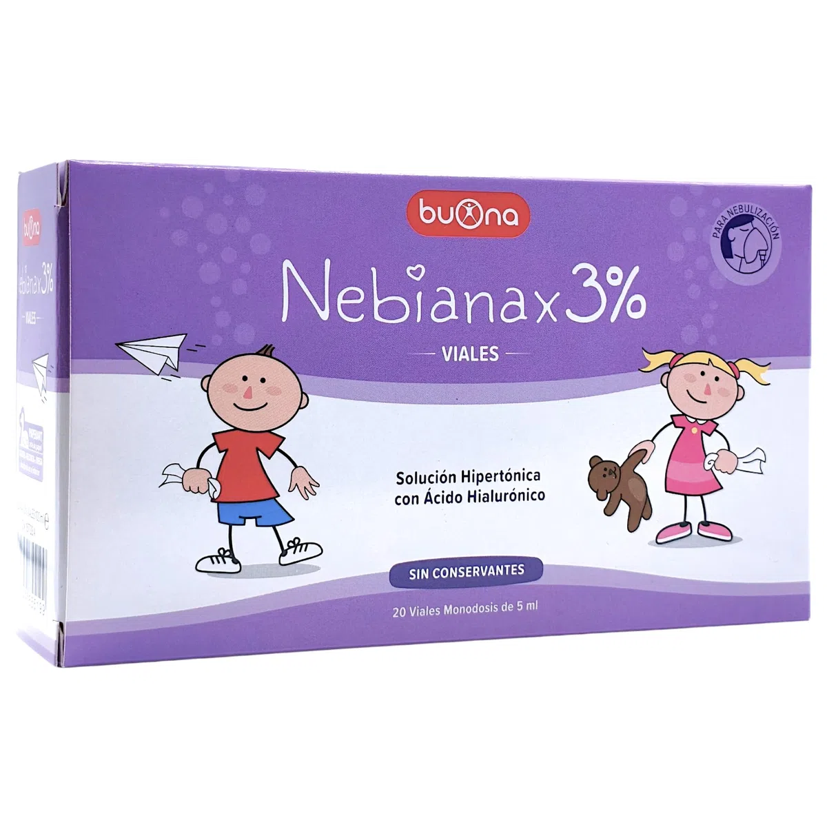 Buona Nebianax 3% Solución Salina Hipertónica con Ácido Hialurónico 20 Viales de 5ml - Descongestivo Nasal para Bebés y Niños - Alivio Rápido de Mocos y Congestión - Apto para Aerosolterapia - Nebial