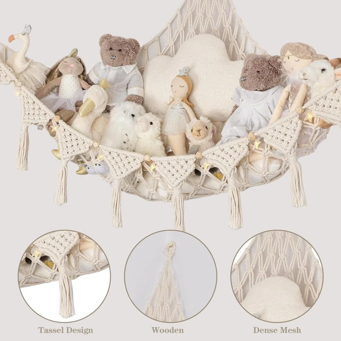 Hamaca de juguete, red de almacenamiento de animales de peluche, macramé, bohemio, soporte para juguetes de peluche, organizador colgante para dormitorio