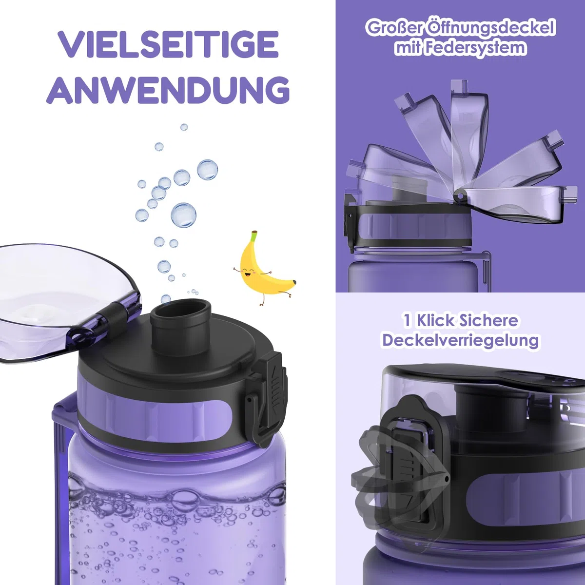 Luyiilo Botella infantil a prueba de fugas, 500 ml, apta para bebidas carbonatadas, sin BPA, botella con inserto de frutas y pegatinas, perfecta para guardería, escuela (morado)