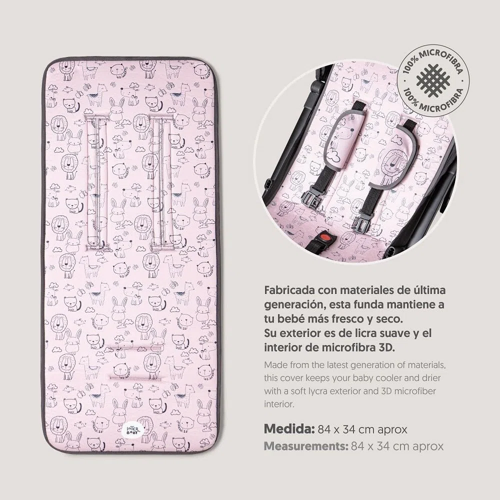 Interbaby Colchoneta Silla Paseo Universal para Verano | Transpirable y Cómoda | Funda Carro Bebe 100% Algodón, 84x34cm, Protectores para Arnés | Funda Silla Paseo Cat Rosa