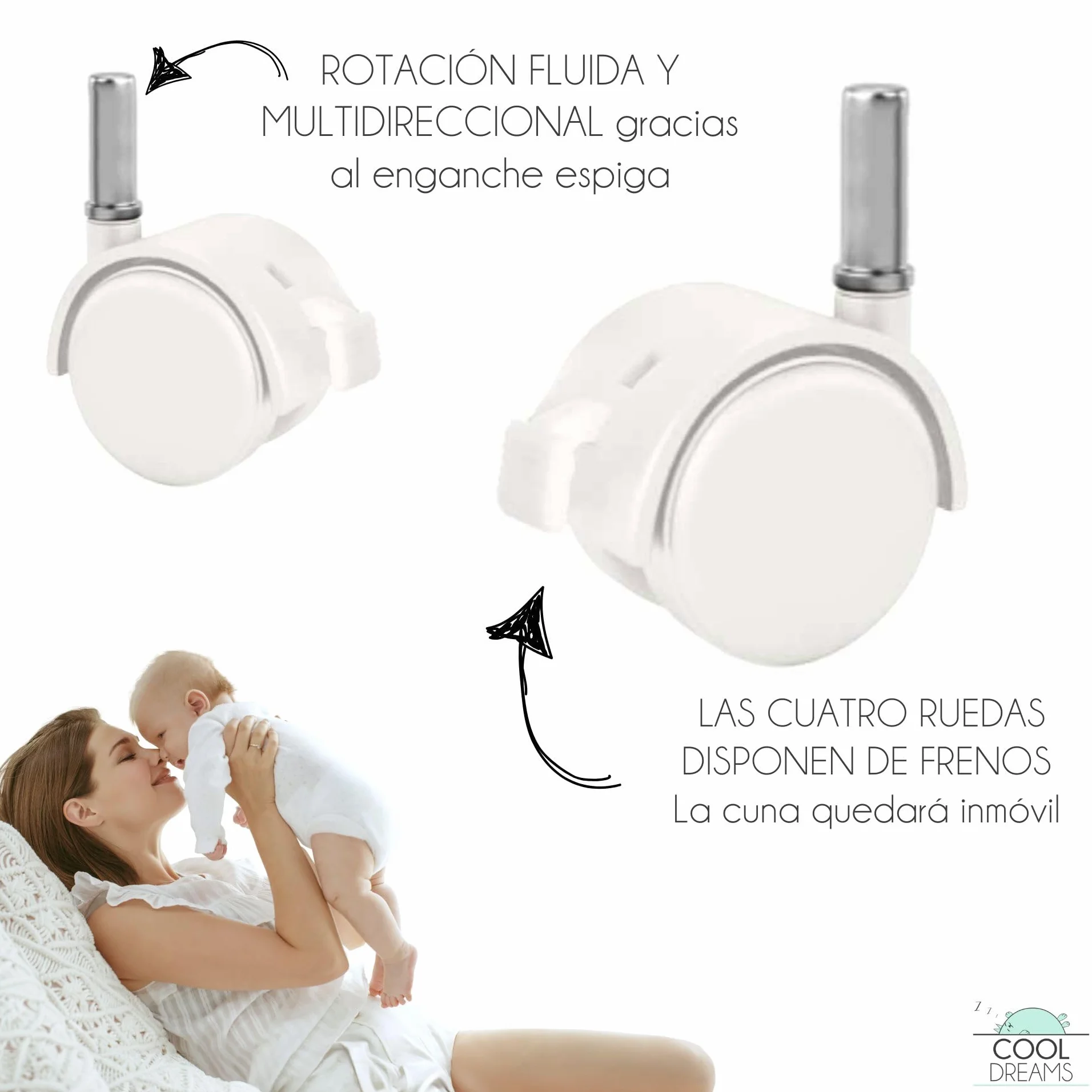 Ruedas para Cuna con Enganche en Espiga. Juego 4 Unidades de Rueda con Freno para más Seguridad + 4 Tacos para Unir a la Cuna. Blancas CoolDreams