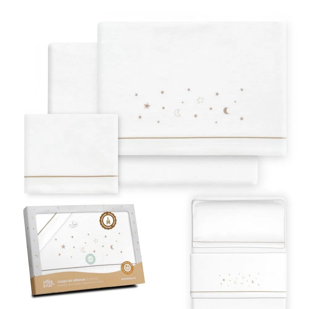 Interbaby - Juego Sabanas Minicuna 50x80 Algodón 100% | Sabana Cuna Bebe Franela, Cálida | Incluye Sabana Bajera, Encimera y Funda de Almohada | Ideal Invierno | Estrellas Luna Blanco/Beige