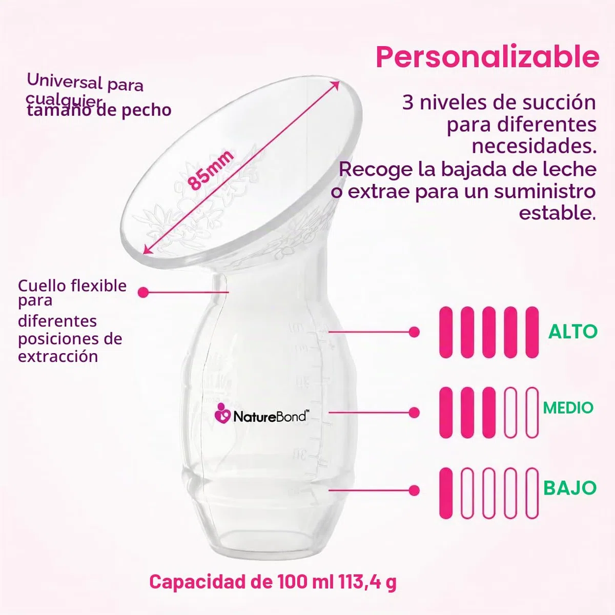 Colector de leche materna/Sacaleches de NatureBond. Extractor de leche silicona, con tapa todo en uno, bolsa de transporte, sellado al vacío, de Sin BPA. 100% silicona de grado alimenticio