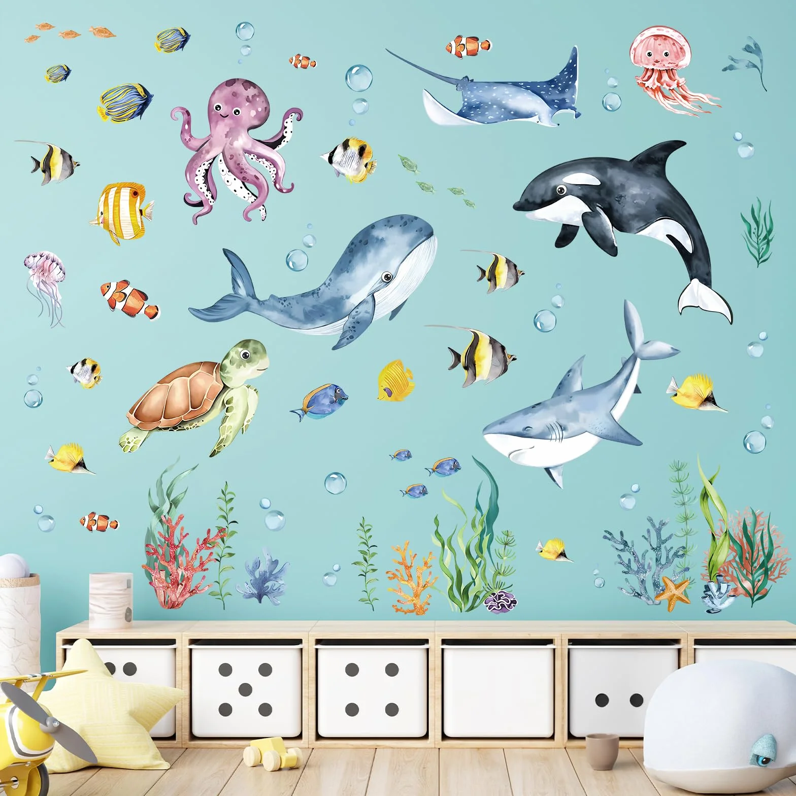 decalmile Pegatinas de Pared Bajo el Mar Tropical Peces Vinilos Decorativos Tortugas Delfín Ballena Algas Adhesivos Pared Habitación Infantiles Niños Bebés Guardería Baño