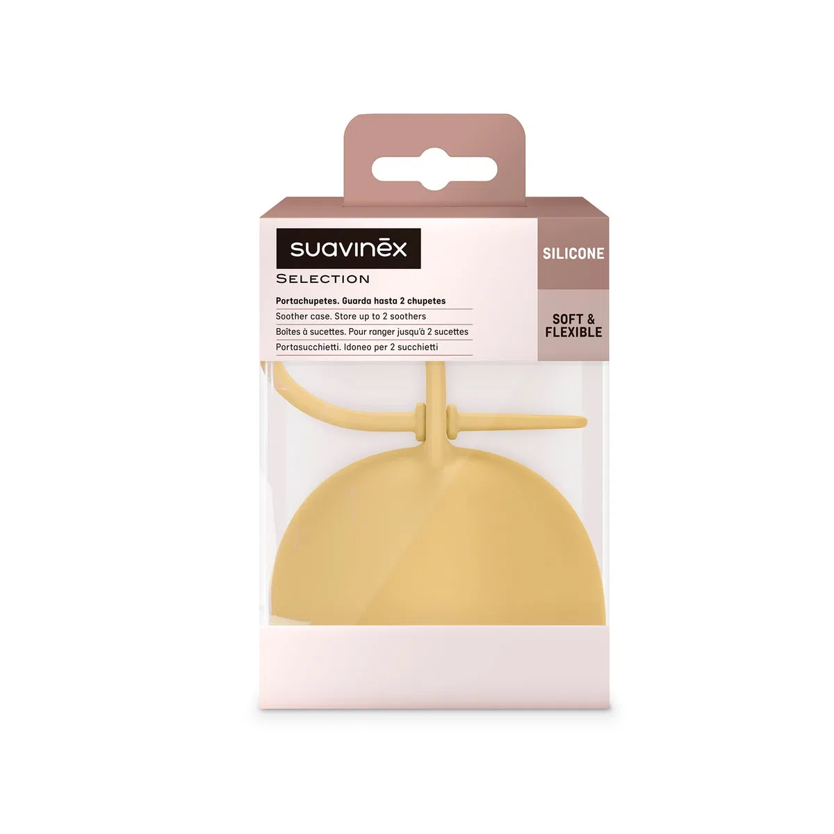 Suavinex, Portachupetes para Bebés. Funda para Chupetes de Silicona Flexible. Para llevar 2 Chupetes. Con Asa para Colgar. +0 Meses. Colour Essence, Mostaza
