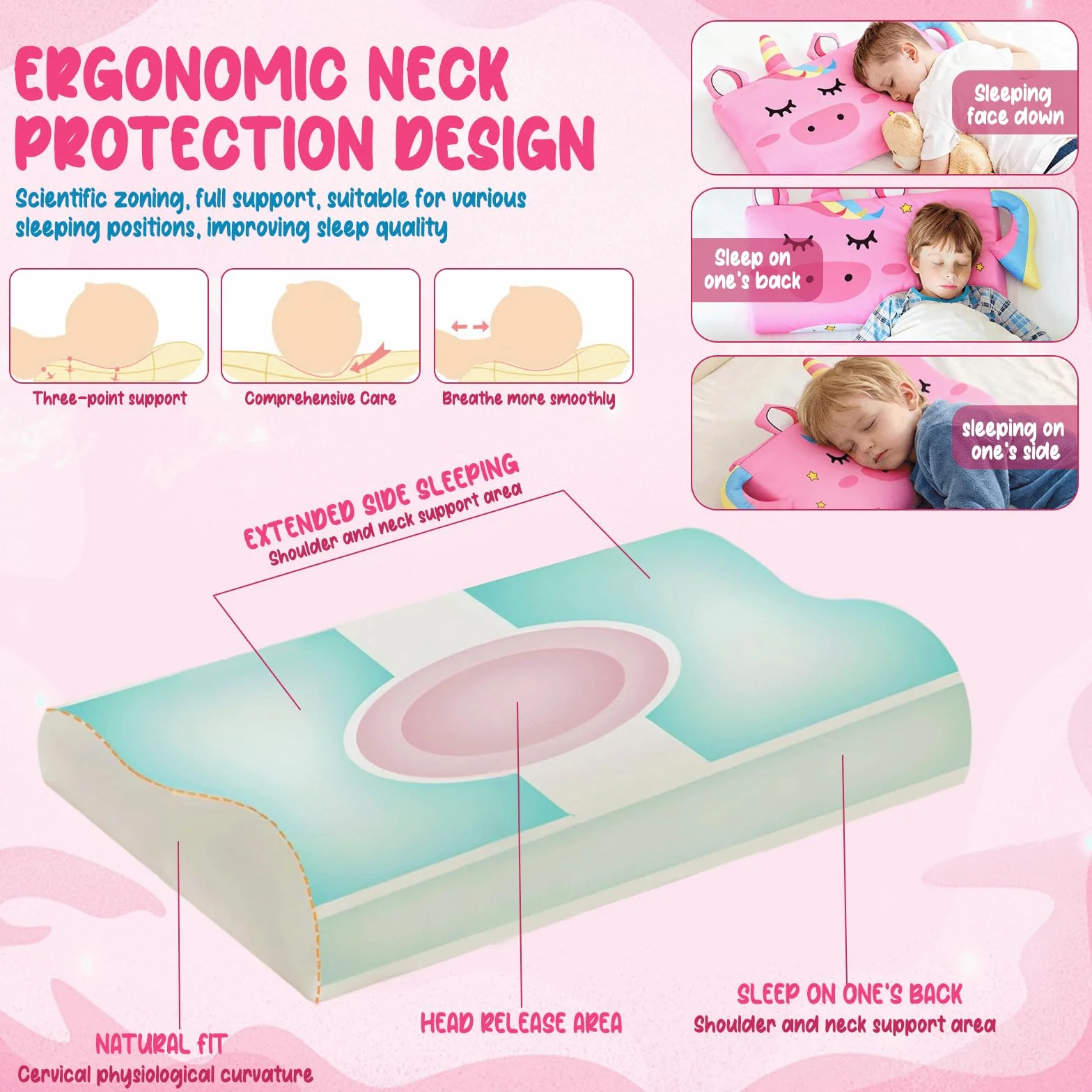 Almohada Infantil Ergonómica de Espuma Viscoelástica, Lavable y Transpirable, para Cuna Viaje Guardería 2-8 Años