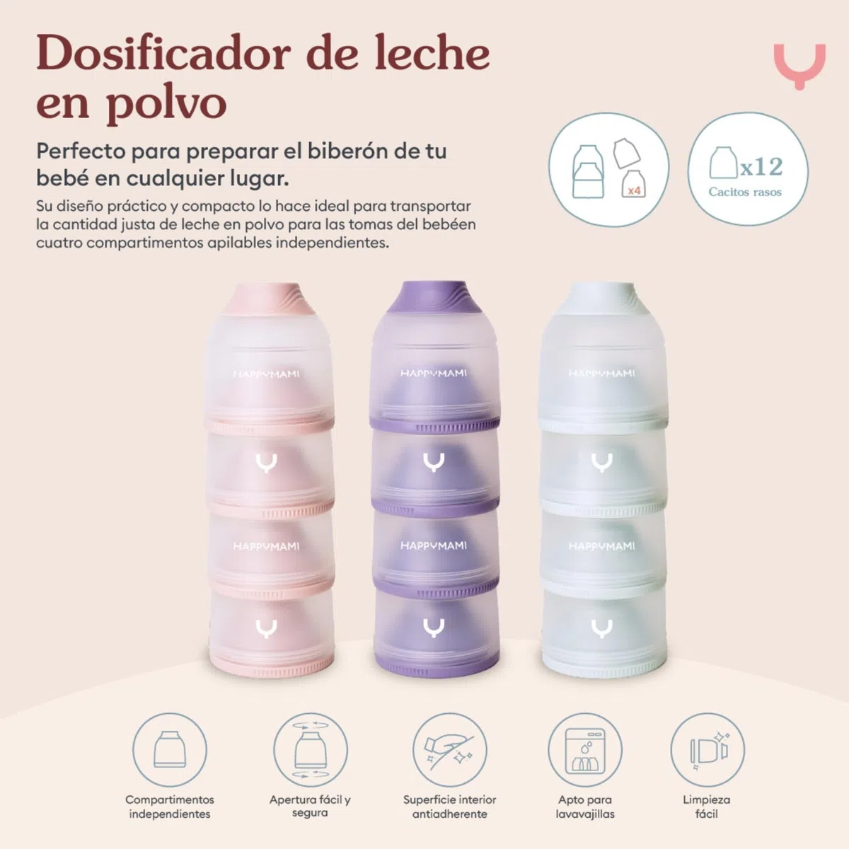 Happymami, Dosificador de Leche en Polvo o Cereales, Color Aguamarina Pastel, 4 Compartimentos Portátiles de 360ml cada uno, Fácil de Llevar, Apertura Sencilla, Superficie Interior Antiadherente | Superficie antiadherente y apertura sencilla. 4 botes de 3