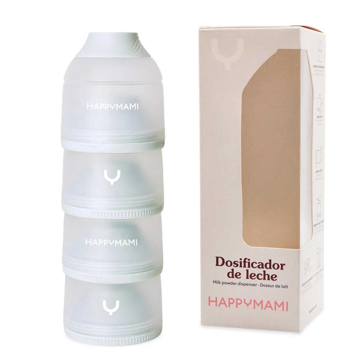 Happymami, Dosificador de Leche en Polvo o Cereales, Color Aguamarina Pastel, 4 Compartimentos Portátiles de 360ml cada uno, Fácil de Llevar, Apertura Sencilla, Superficie Interior Antiadherente | Superficie antiadherente y apertura sencilla. 4 botes de 3