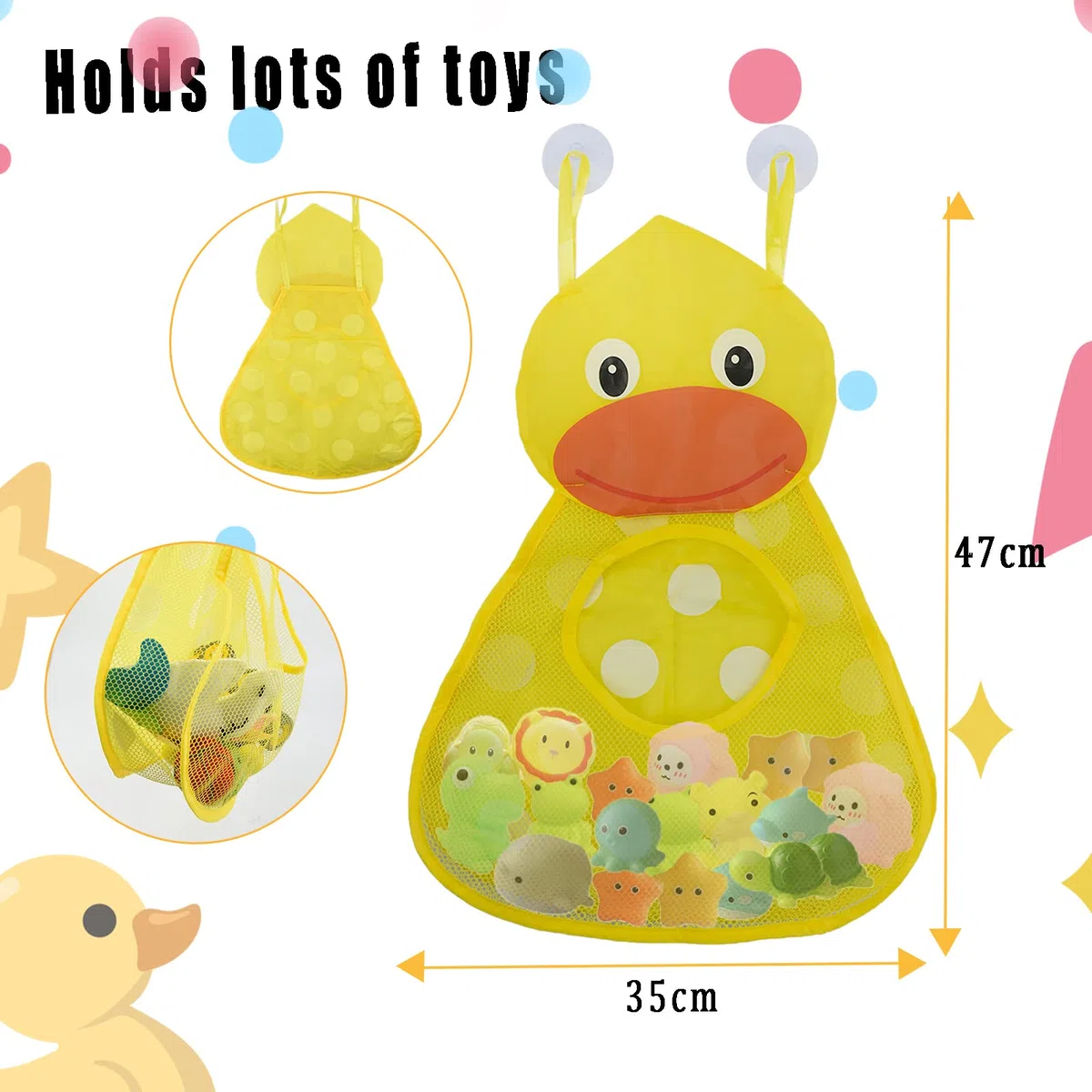 Kikuo Organizador de almacenamiento de juguetes para el baño del bebé, soporte para juguetes para la bañera, red para juguetes para bebés, pato amarillo con 2 ventosas fuertes