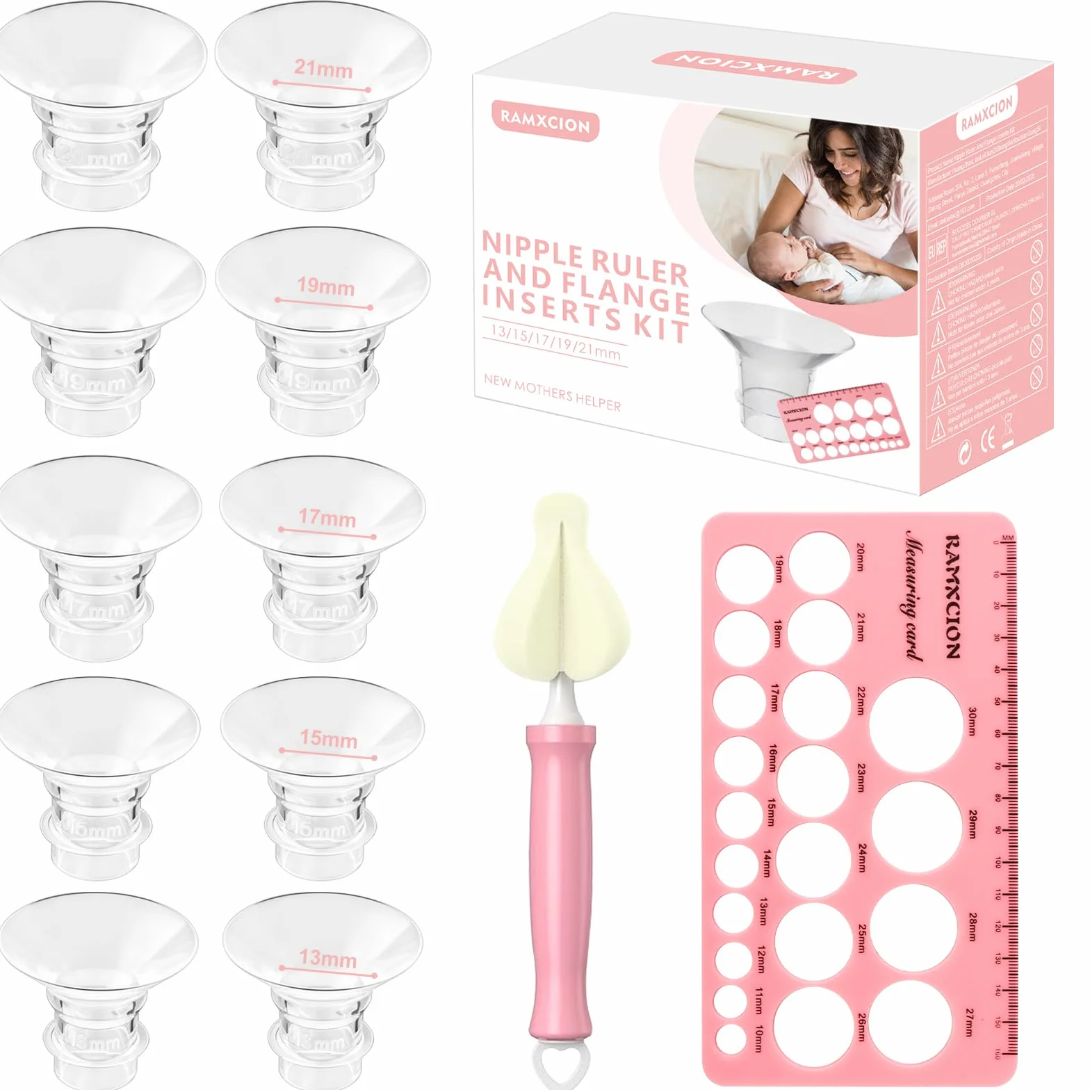 10 insertos de brida 13/15/17/19/21 mm, accesorios de lactancia materna compatibles con la mayoría de bombas de leche eléctricas y manuales, con cepillo de limpieza y tarjeta de medición para pezones