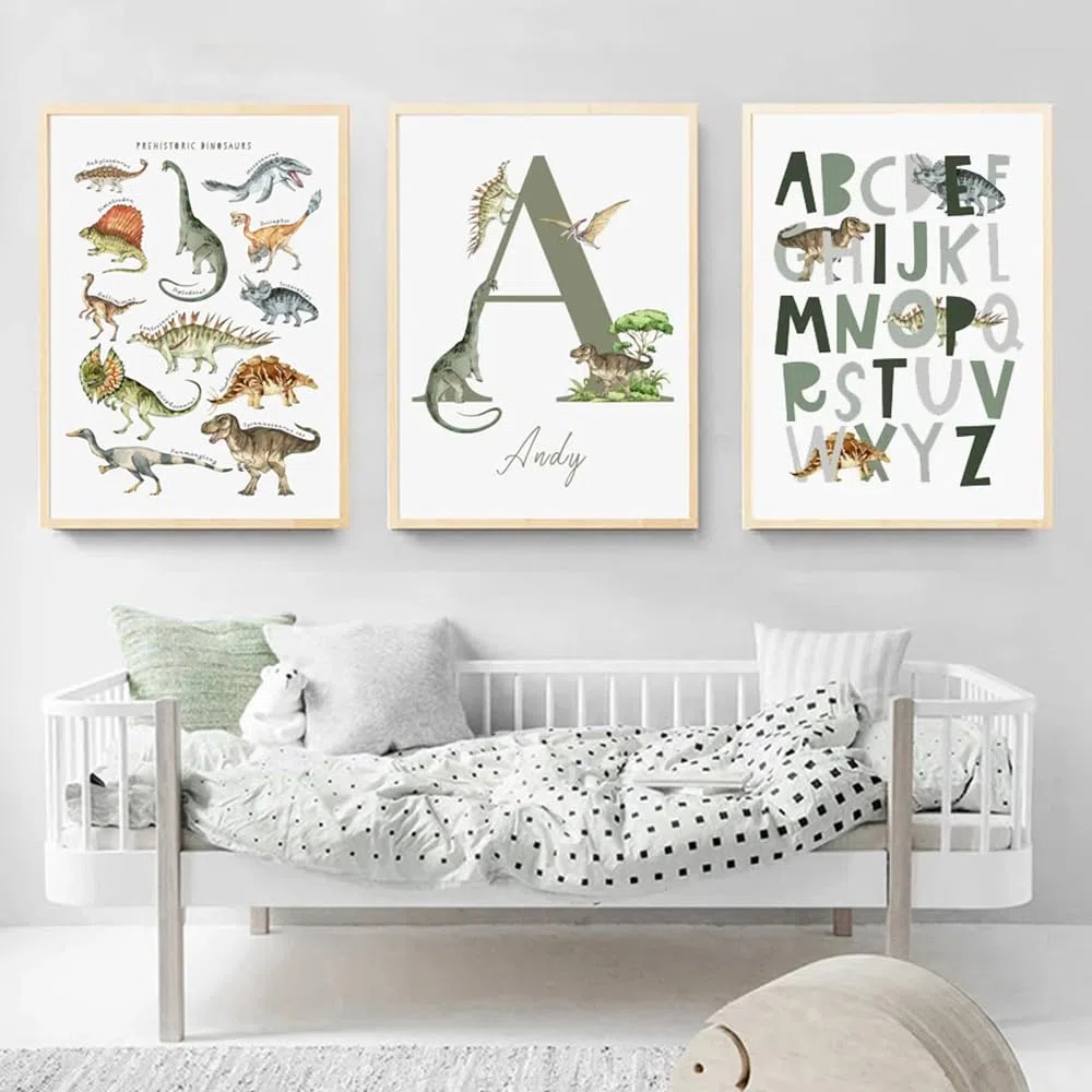 Youihom 3 Poster Dinosaurios Niños Cuadros Bebe Personalizados con Nombre Laminas 30x40 Infantiles Cuadros Verdes Habitación Poster Alfabeto Español Laminas Lienzo sin Marco