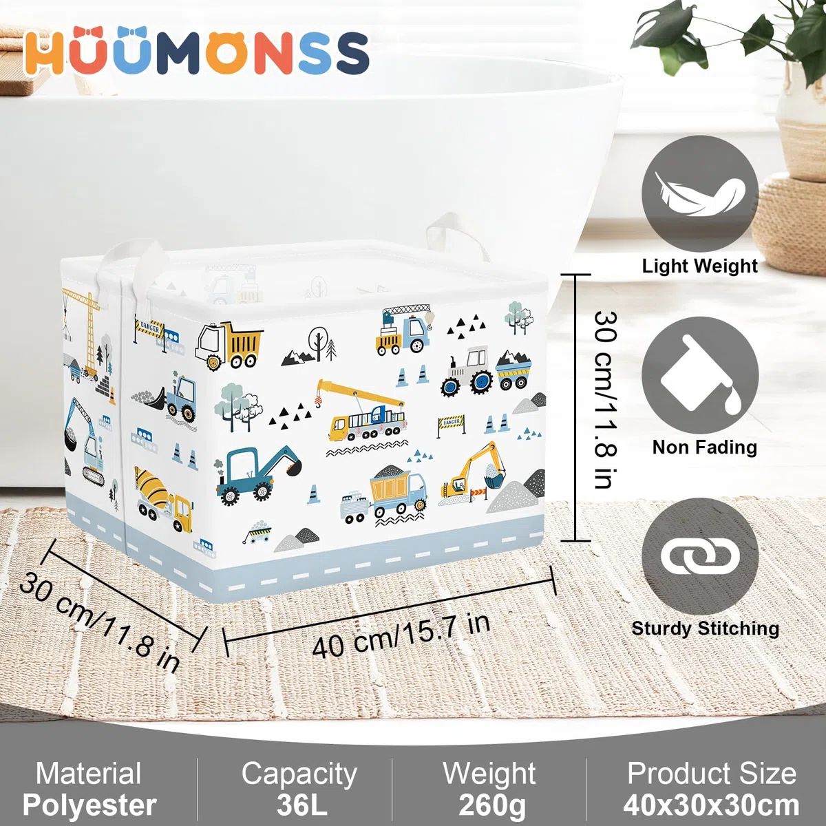 Grande Cesta Ropa Sucia Coches de Dibujos Animados Plegable Cestos Almacenaje Ropa Juguetes para Padres,Grúa,36L