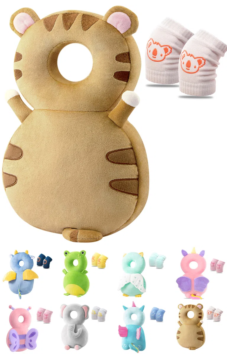 JEJA Protector de Cabeza de Bebé, Ajustables Suave Anti Caídas Soporte para la Cabeza del Bebé, para Edad 4-24 Meses - Tigre con rodilleras bebe Protectores