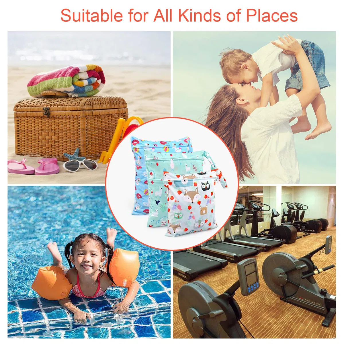 Bolsa de Pañales, 3 Pcs Reutilizable Wetbag, Impermeable Lavable con 2 Cremallera para Mamá de Bebé, Transpirable Organizador de Maquillaje de Colgar, Viajes, Playa, Piscina, Gym (Azul)