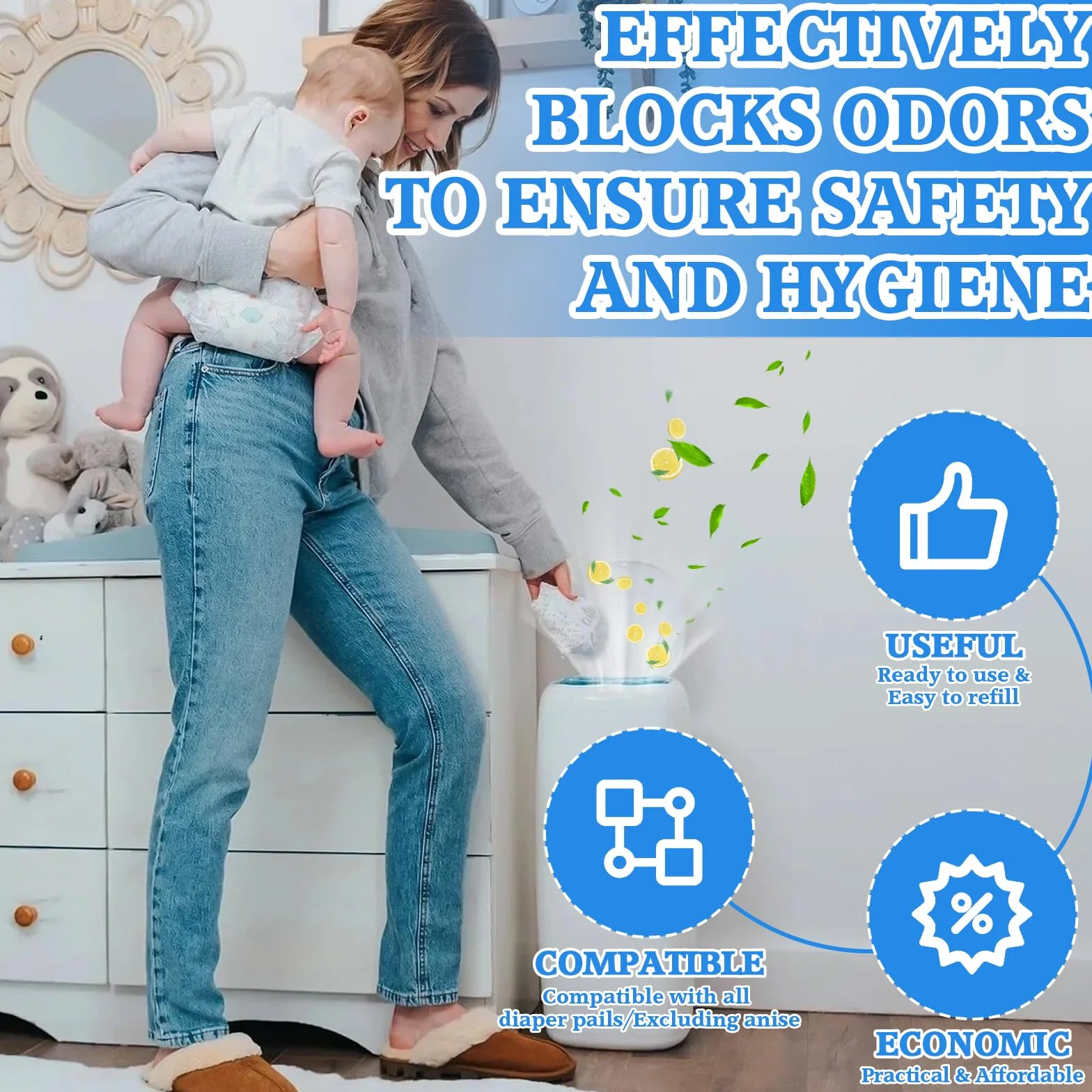 12 Piezas Recambios Cubos de Pañales 4,5 M, Antiolor Recambios de Papelera Pañales Bebe, Gran Capacidad Antiodor Bolsas Pañales Recambios, compatible con todos contenedores de pañales, Azul