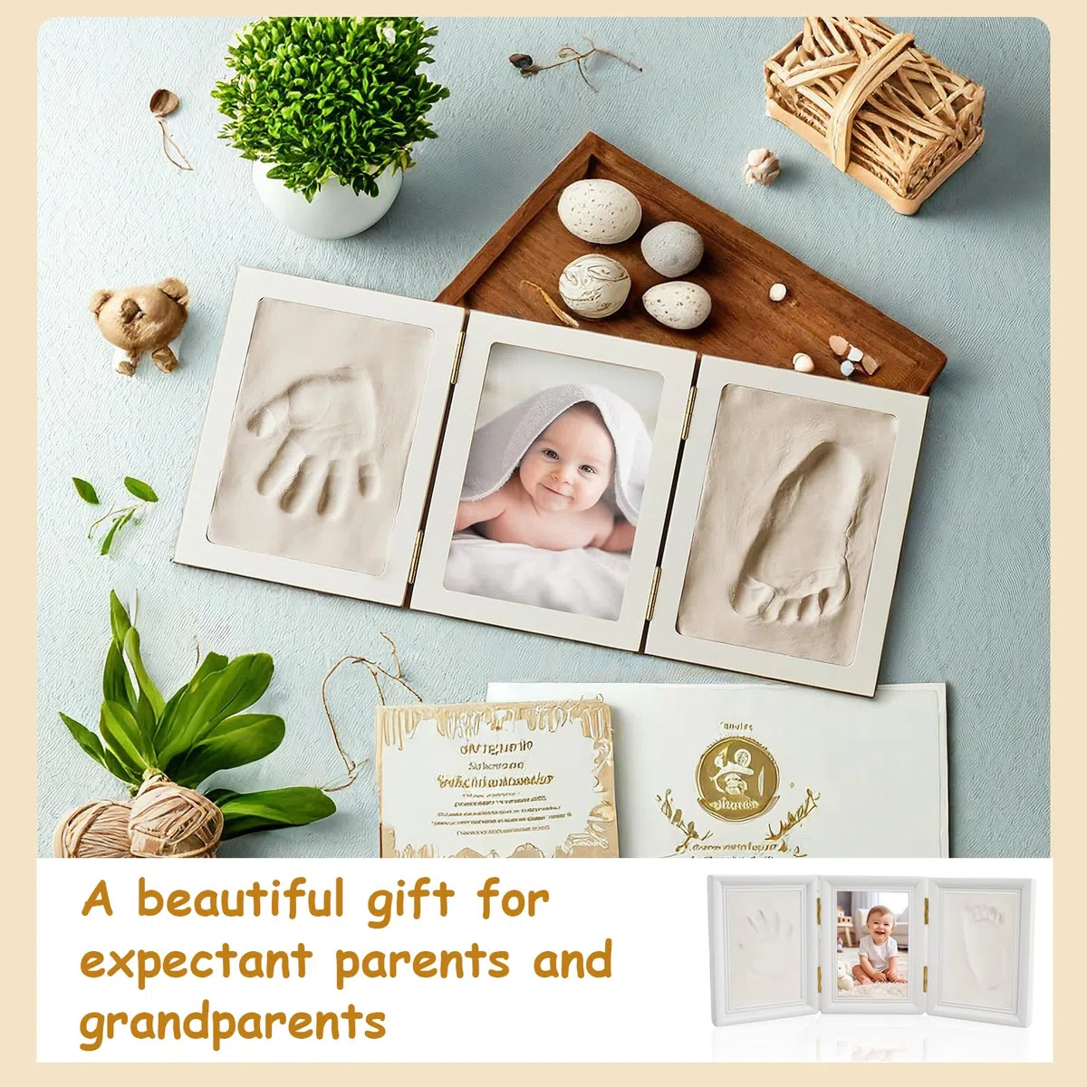 Manos y pies, kit de marco de huella infantil, conjunto de marco de impresión con molde de arcilla, marco de fotos de huella de bebé de madera para niños regalo de recuerdo de recién nacido