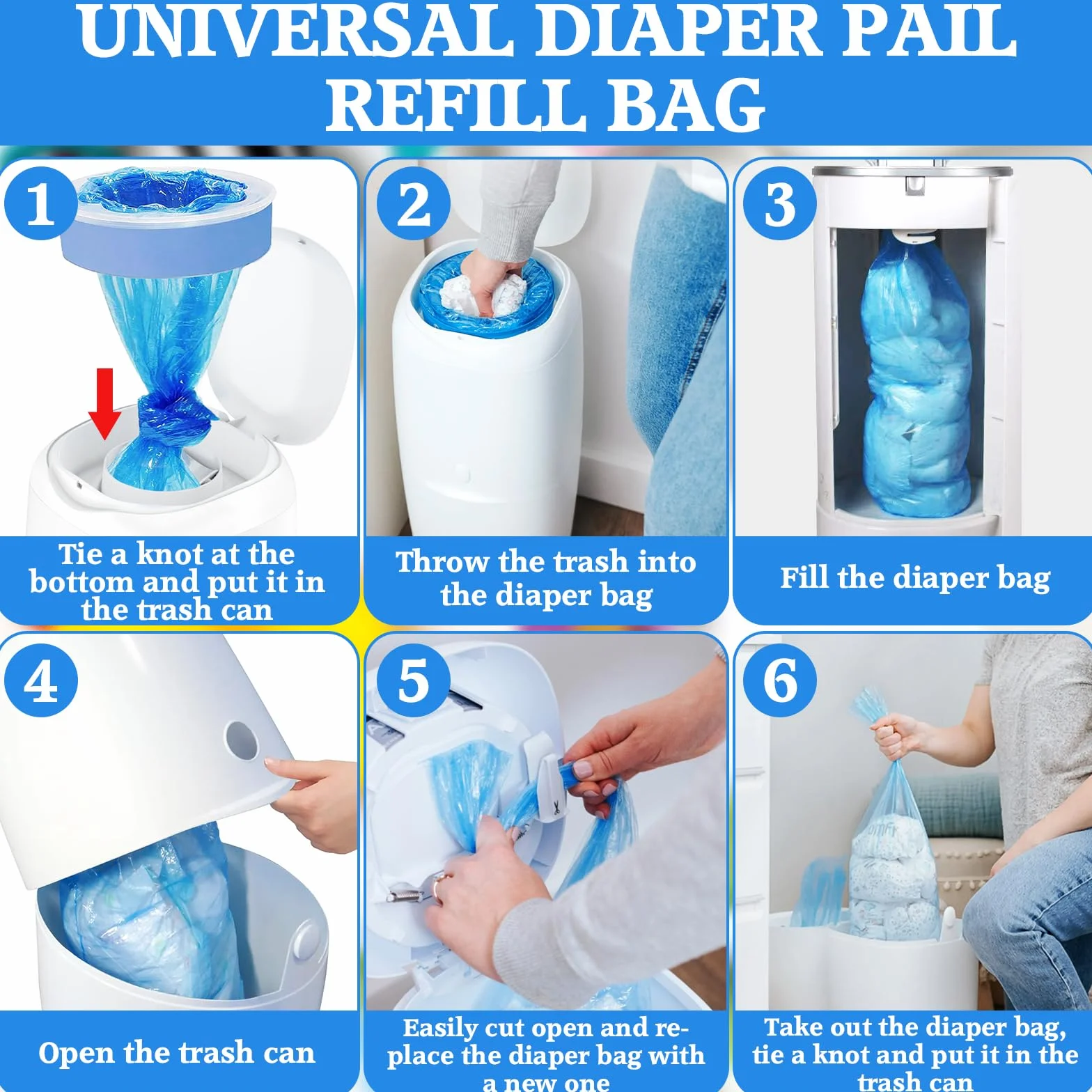 12 Piezas Recambios Cubos de Pañales 4,5 M, Antiolor Recambios de Papelera Pañales Bebe, Gran Capacidad Antiodor Bolsas Pañales Recambios, compatible con todos contenedores de pañales, Azul