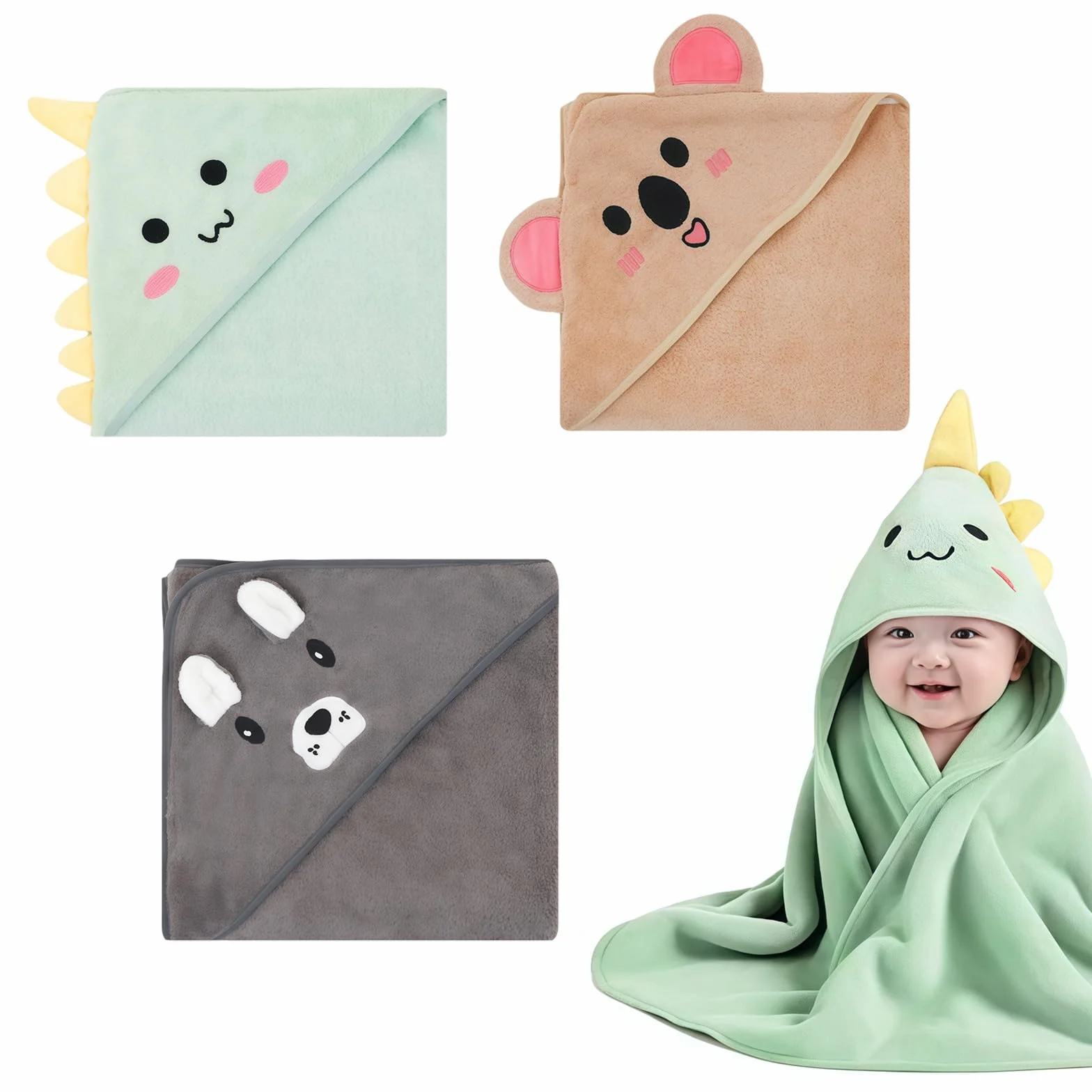 3 Piezas Toallas con Capucha para Bebés 80 x 80 cm, Toallas Suaves para Niños Pequeños y Recién Nacidos, Toalla de Baño para Bebé en Cian, Gris Oscuro y Café