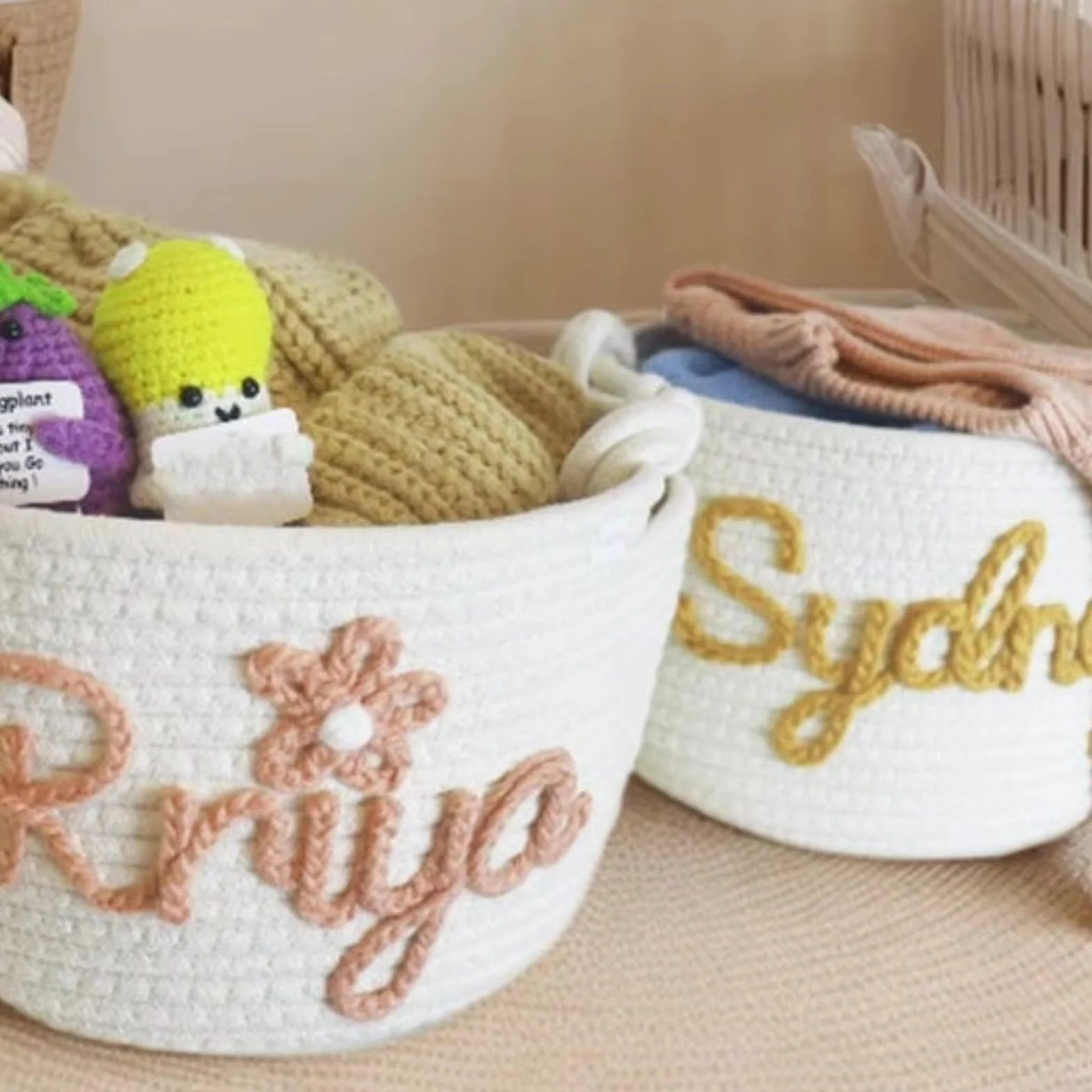 Cesta De Regalo Personalizada For Bebé, Cesta De Algodón Con Cuerda For Baby Shower Con Nombre Personalizado, Organizador De Juguetes(S:19X12X27CM)