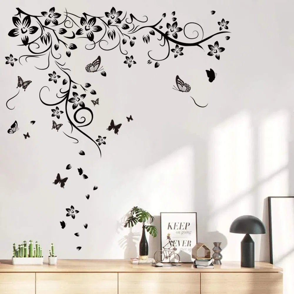Runtoo Pegatinas de Pared Flores Negras Stickers Adhesivos Vinilo Mariposa Decorativas Salon Dormitorio Habitacion Bebe