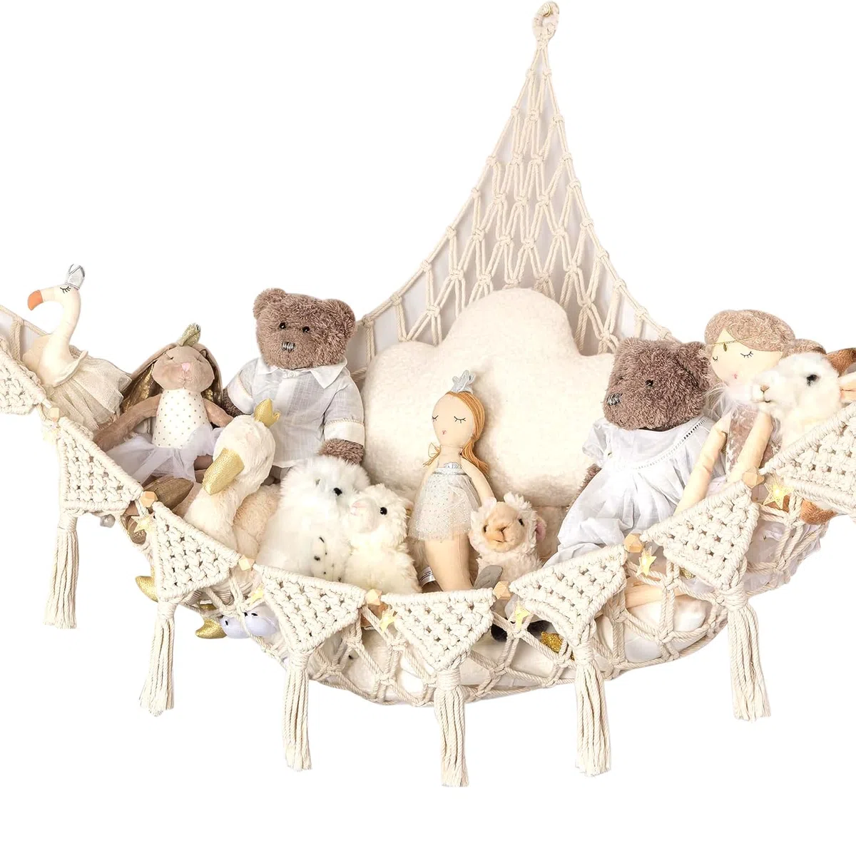 Hamaca de juguete, red de almacenamiento de animales de peluche, macramé, bohemio, soporte para juguetes de peluche, organizador colgante para dormitorio