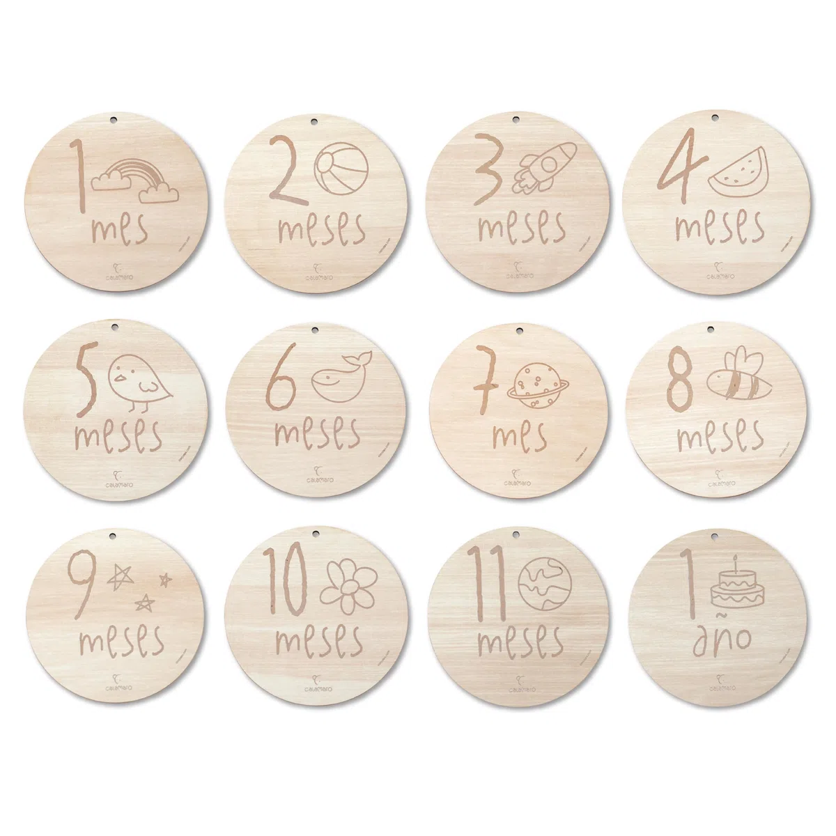 Calamaro - Cumplemes Bebé Madera – Set 12 Placas 1-11 Meses + 1 Año – Cumplemes Bebé Español – Regalo Recién Nacido – Hecho en España – Bolsa Lino Premium (English)