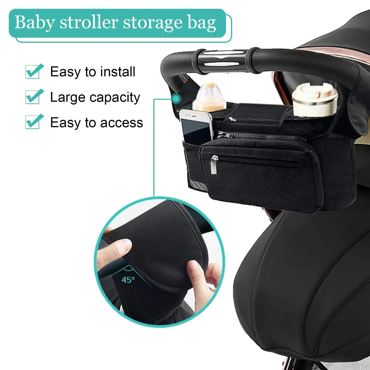 Universal Organizador para Cochecito, Bolsas para Cochecito Accesorios para Bebés con Bolsillo, Cremallera, Correa para el Hombro y Espacio de Almacenamiento para Pañales y Teléfonos, Negro