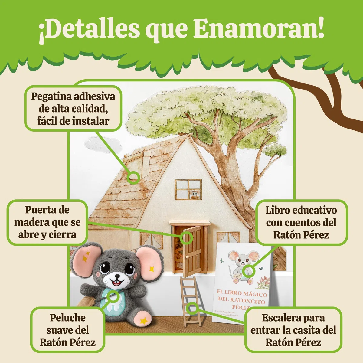 Perez&Fairy Puerta Ratoncito Perez que se Abre | Con Vinilo de Pared, Escalera de Madera y Peluche Raton Pequeño | Kit Casita Ratoncito Perez con Libro de Cuentos y Certificado | Regalo Niño y Niña