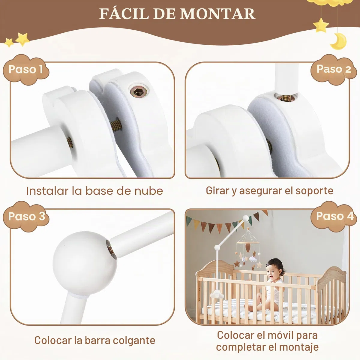 Soporte Móvil para Bebé, Soporte de Móvil Extraíble, Soporte de Madera para Cuna con Forma de Nube, Brazo Móvil de Cuna para Juguetes, Campanas de Viento y Decoración de Habitación, Blanco