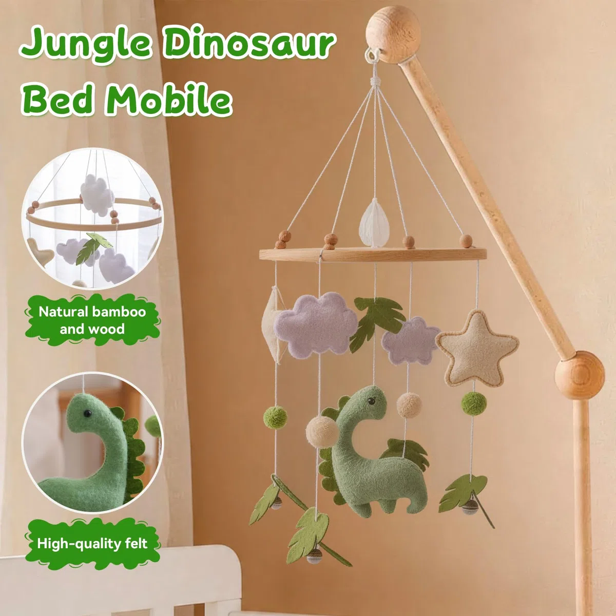 Móvil de Madera para Bebé Dinosaurio, 3D Carillón de Viento Móvil para Bebé con Bolas de Fieltro, Mobile Bebe con Estrellas, Decoración para Cuna, Nubes y Hojas Regalo para Niña Niño, Verde
