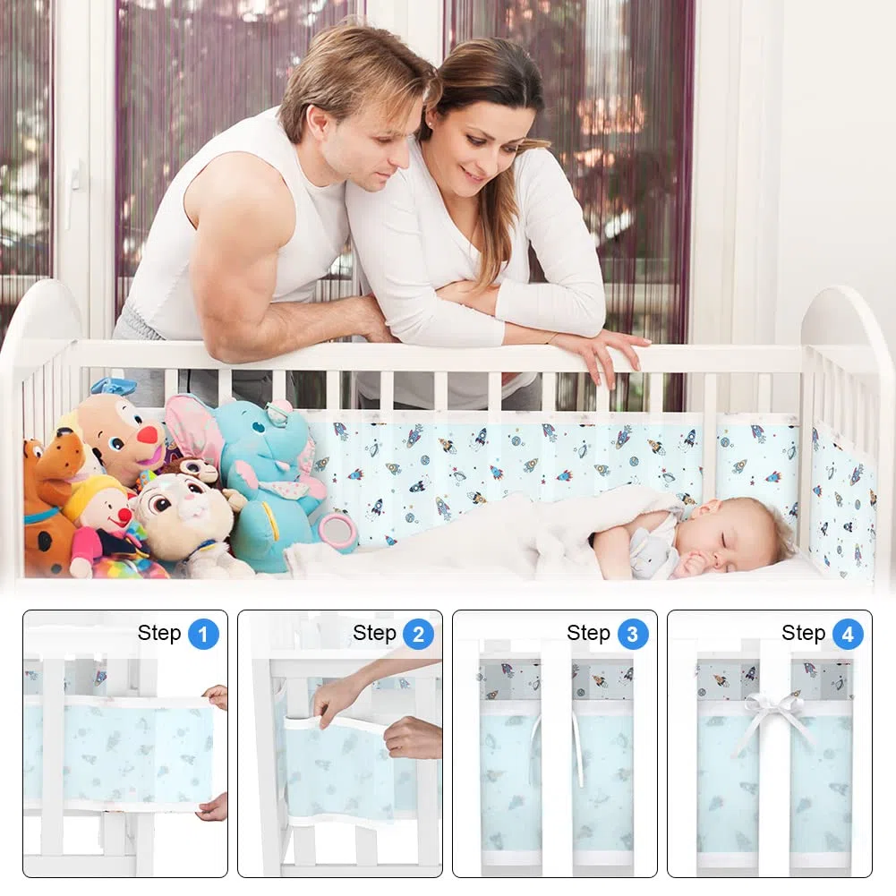 Aolso Protector de Cuna,Parachoques de Cuna para Bebés,Malla para Cuna para Bebé,Protector de Cuna Adecuado,Cuna de protección de Cuna Cubierta,Cuna de Bebé de Malla Transpirable(Cohete)
