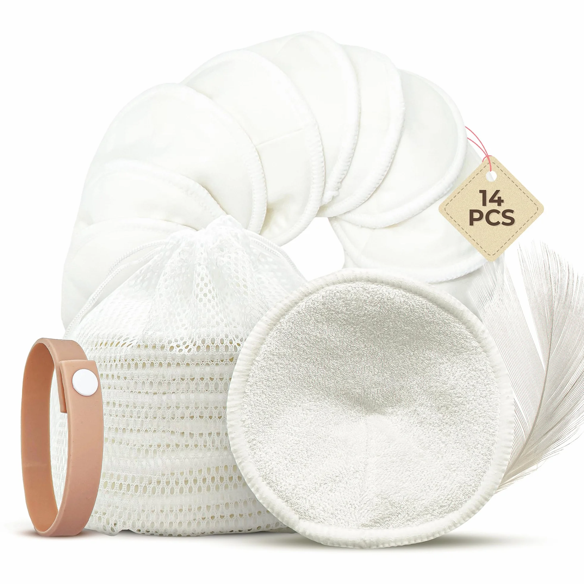 Juego de 14 Discos de Lactancia Reutilizable de Fibra de Bambú + Bolsa de Lavado + Pulsera de Sujeción | Protegen y Absorben Las Pérdidas de Leche | Antibacterianos e Hipoalergénicos