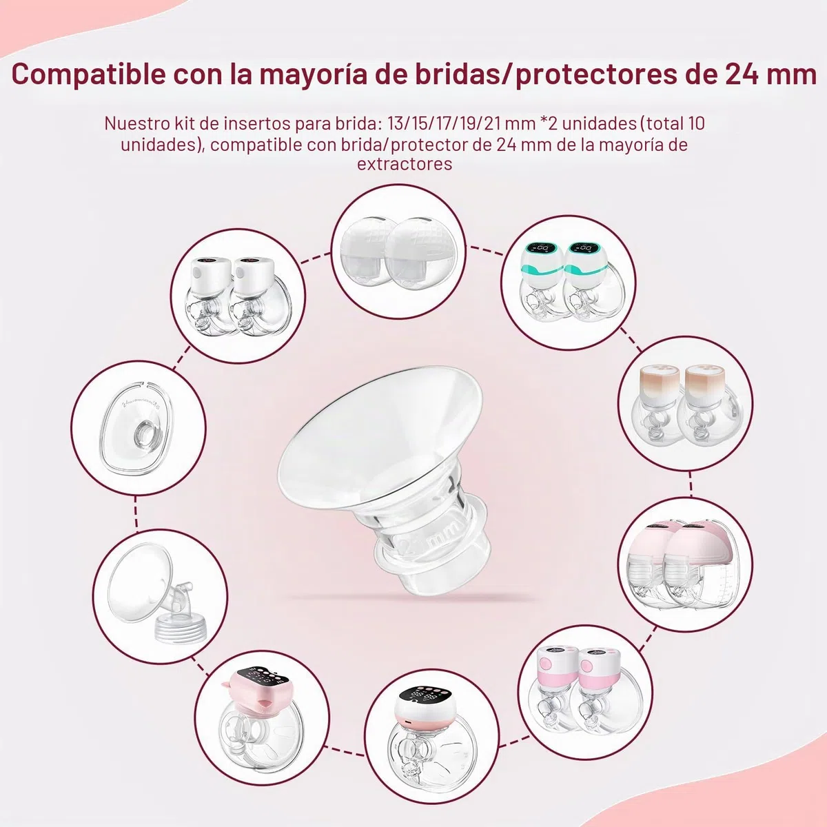 10 insertos de brida 13/15/17/19/21 mm, accesorios de lactancia materna compatibles con la mayoría de bombas de leche eléctricas y manuales, con cepillo de limpieza y tarjeta de medición para pezones