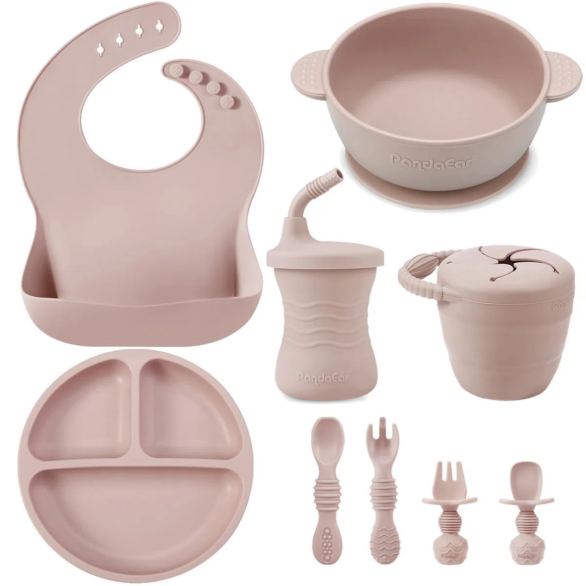 PandaEar Juego De Vajilla De Silicona Para Bebé, Set De 9 Piezas, Plato Con Ventosa, Cuenco, Baberos De Silicona, Vasos Para Aprender A Beber, Tenedores (Rosa)