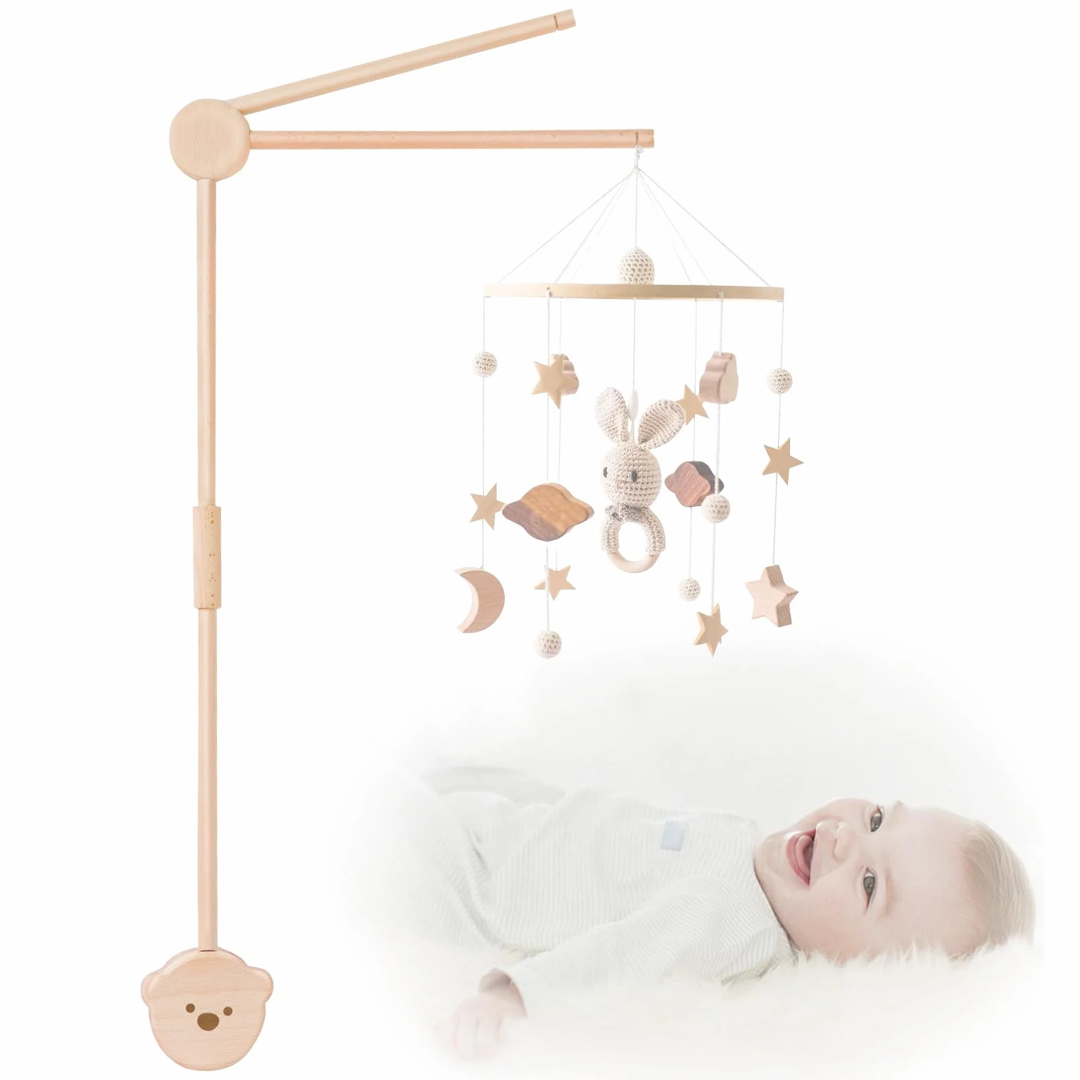 Soporte Móvil para Bebé, Soporte de Móvil para Cuna de Bebé, Soporte de Madera para Cuna, Brazo Móvil de Cuna, Bebé Móvil Titular de la Oso Diseño, para Colgar Campanas de Viento, Juguetes