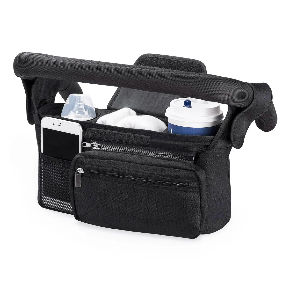 Universal Organizador para Cochecito, Bolsas para Cochecito Accesorios para Bebés con Bolsillo, Cremallera, Correa para el Hombro y Espacio de Almacenamiento para Pañales y Teléfonos, Negro