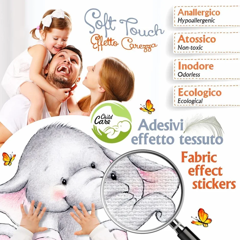 Pegatina Pared Decoración Habitación Niños 80x30 cm Tela Ecológica Hipoalergénico Reposicionable Ositos
