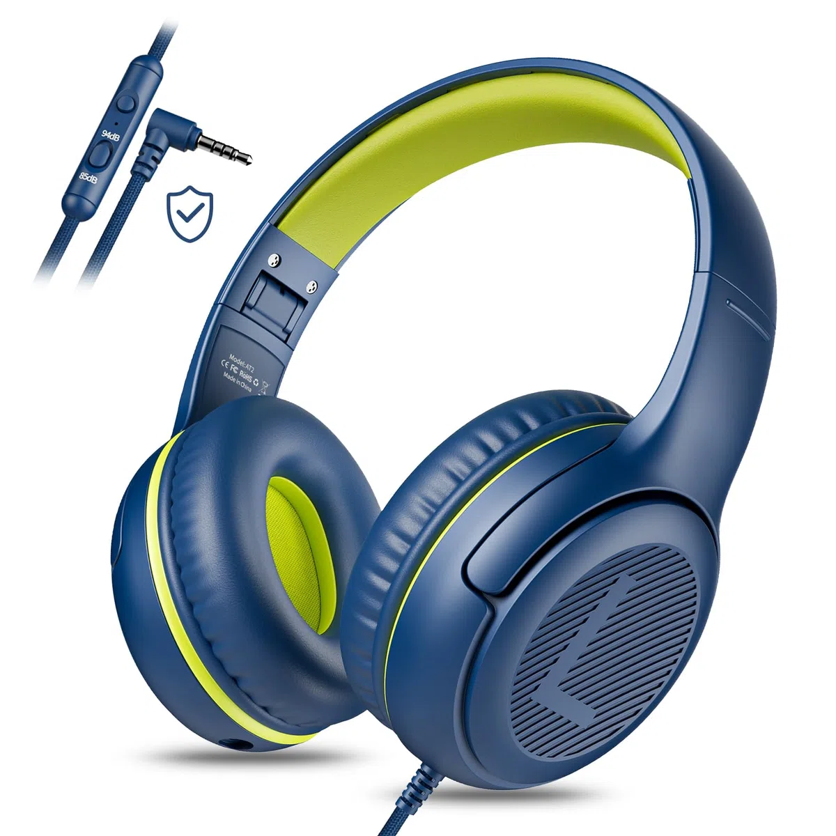 awartue Auriculares Niños con Cable Audio 3.5mm, Volumen Limitado 85/94dB, Diadema Ajustable Almohadillas Suaves, Cascos Infantiles para Clases Online/Viajes/Estudi, Azul y Verdoso