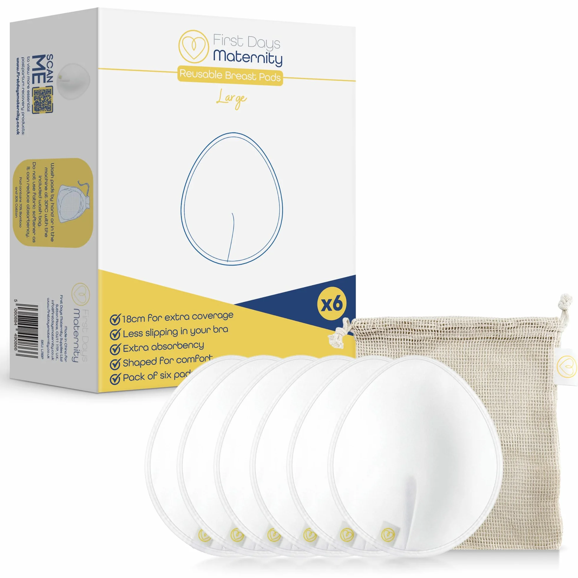 First Days Maternity - Almohadillas reutilizables para el pecho - Almohadillas de tamaño extragrande, paquete de 6 almohadillas lavables para lactancia, algodón orgánico (paquete de un paquete)
