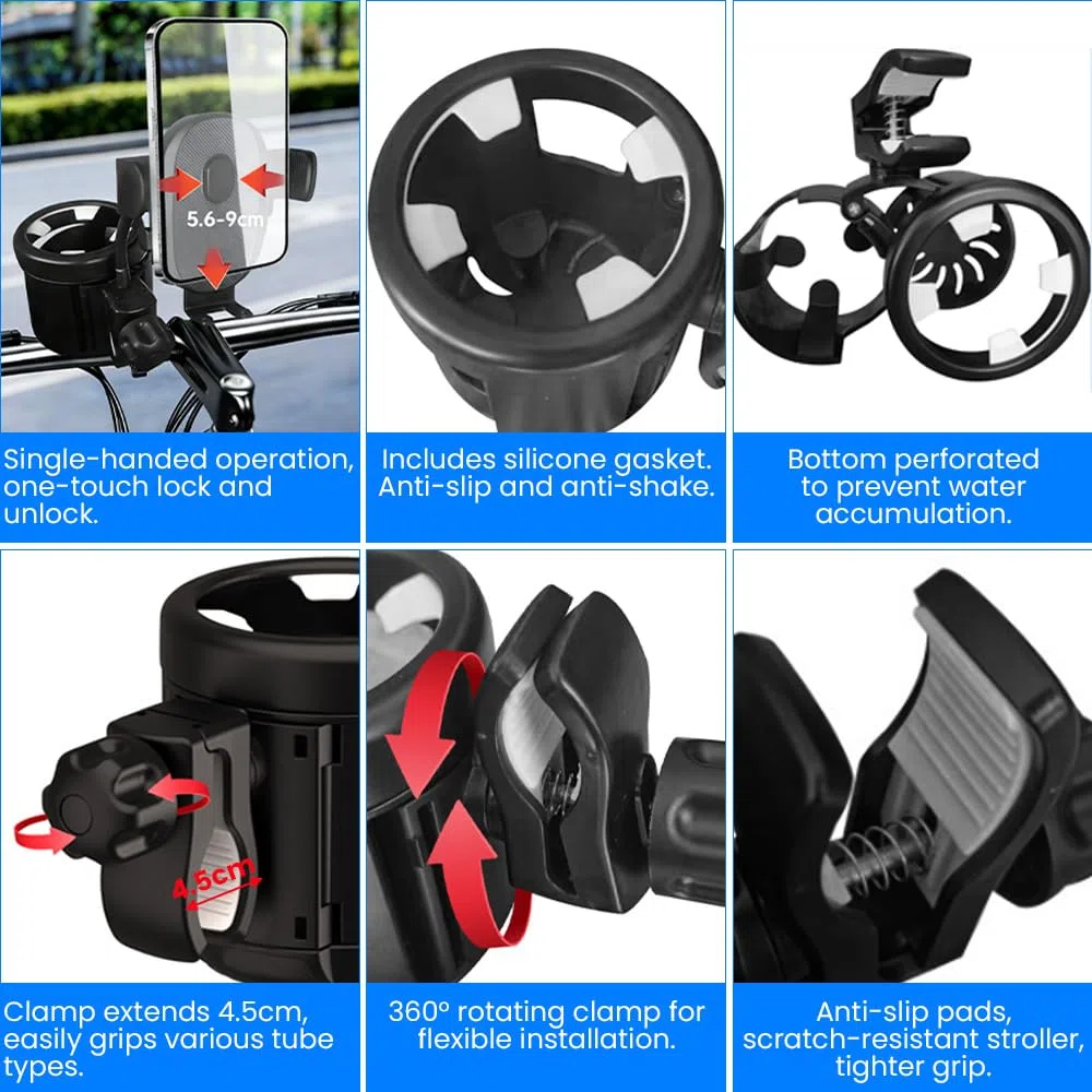 Portavasos Carrito Bebe, Universal 3 en 1 Soporte para Bebidas para Cochecito de Bebé con 2 Ganchos, para Silla de Ruedas, Bicicletas, Carrito Bebe, Scooters