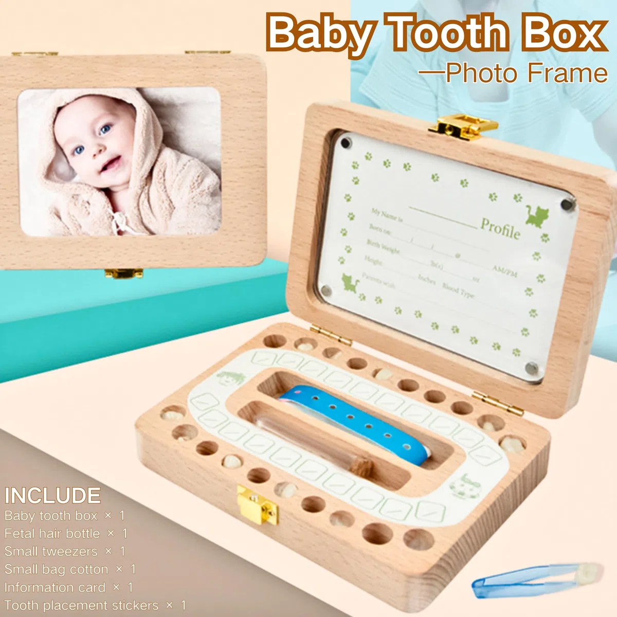 SUQ Baby Tooth Fairy Box Marco de Fotos, Caja de Almacenamiento de Dientes para Niños, Caja de Dientes de Leche para Hombres y Mujeres, Regalo de Nacimiento, Bautismo, Traje de Cumpleaños